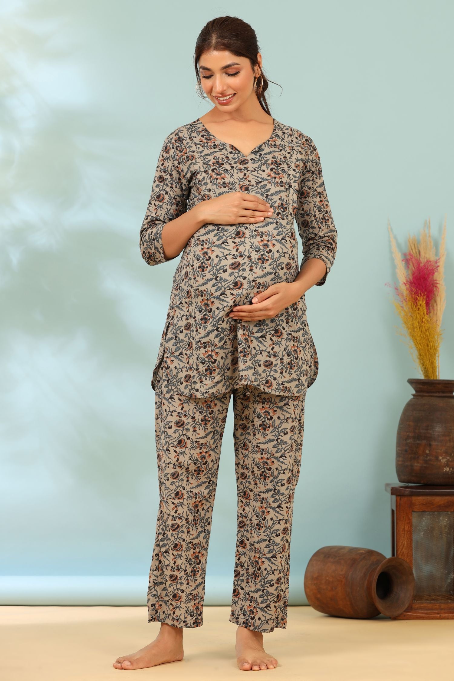 Cloud Grey Jaal Cotton Maternity - Nursing Co-ord Set