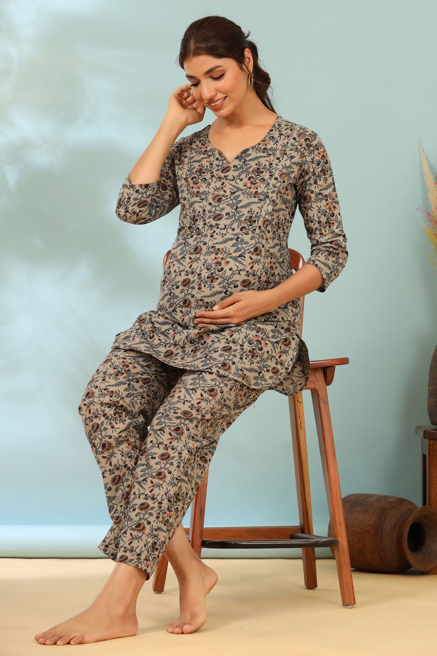 Cloud Grey Jaal Cotton Maternity - Nursing Co-ord Set
