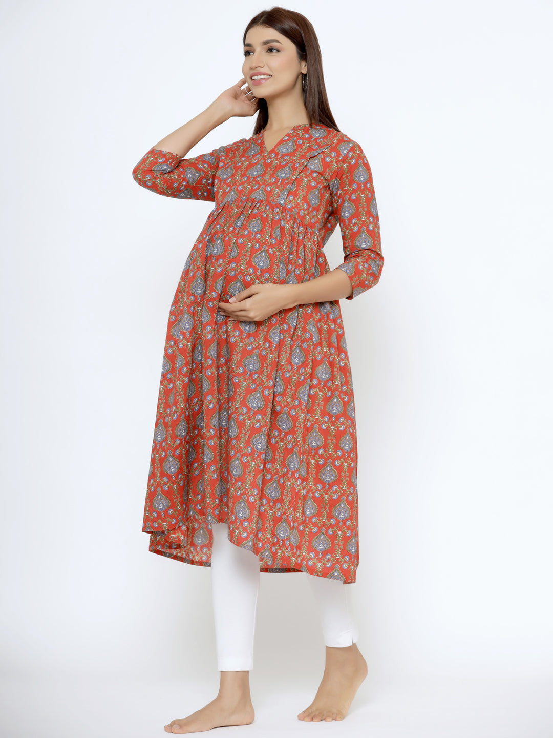 Crimson Red Cotton Maternity - Nursing Kurta