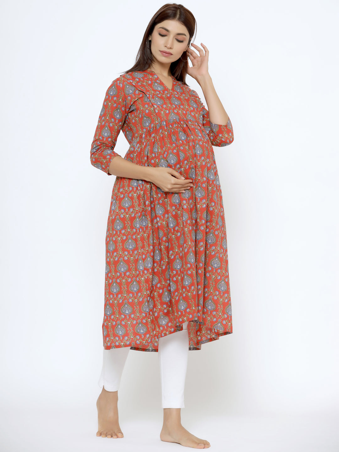Crimson Red Cotton Maternity - Nursing Kurta