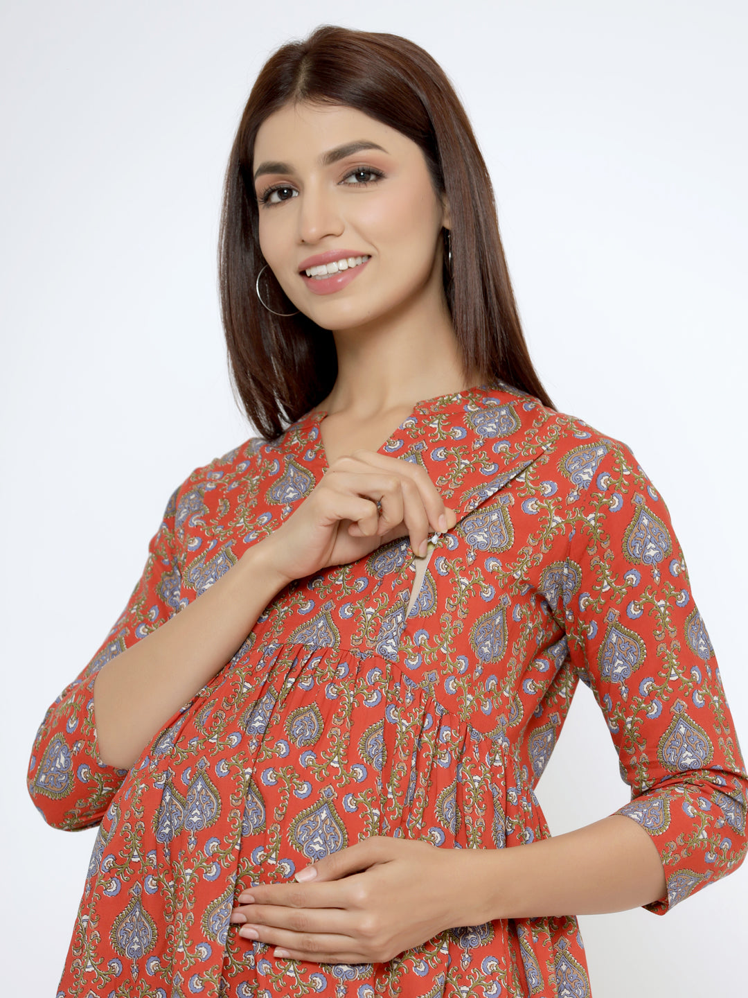 Crimson Red Cotton Maternity - Nursing Kurta