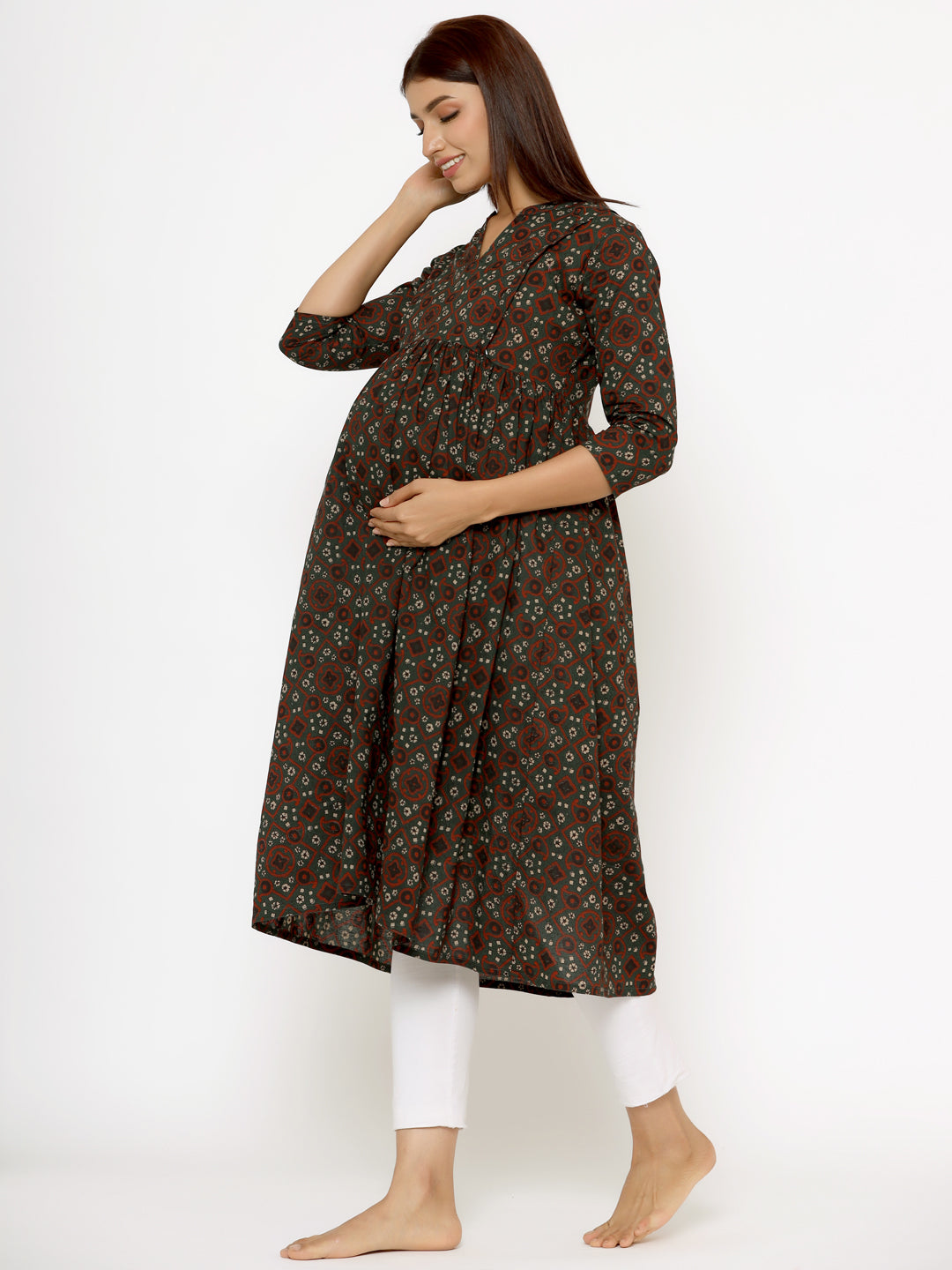Seaweed Ajrakh Cotton Maternity - Nursing Kurta