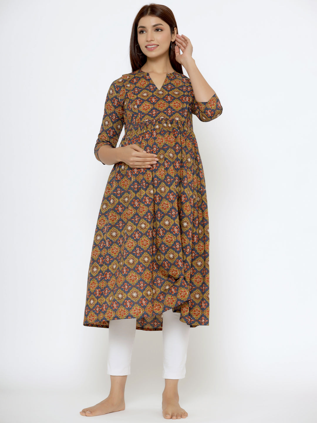 Blooming Blue Ajrakh Cotton Maternity - Nursing Kurta