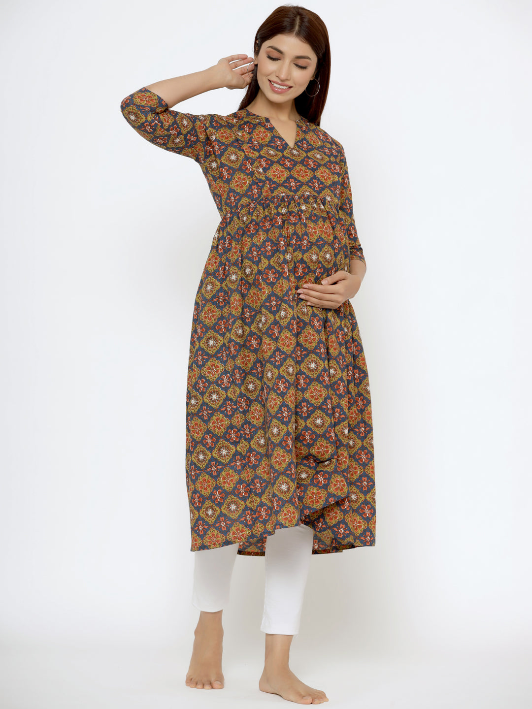 Blooming Blue Ajrakh Cotton Maternity - Nursing Kurta