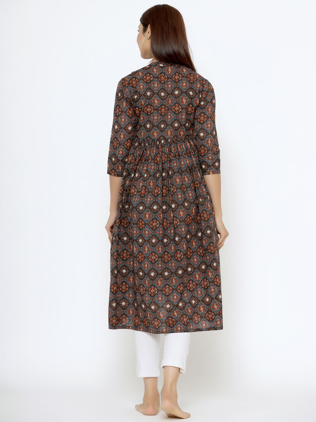 Midnight Grey Ajrakh Cotton Maternity - Nursing Kurta