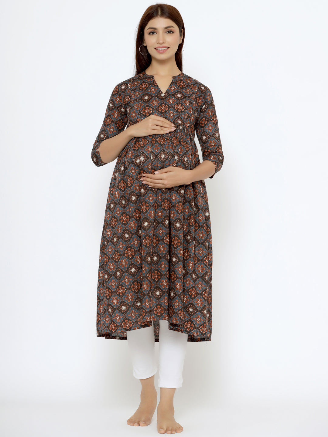 Midnight Grey Ajrakh Cotton Maternity - Nursing Kurta