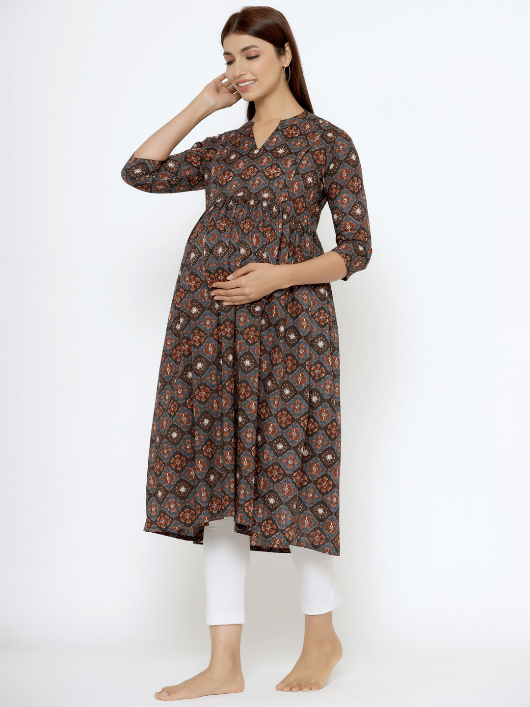 Midnight Grey Ajrakh Cotton Maternity - Nursing Kurta