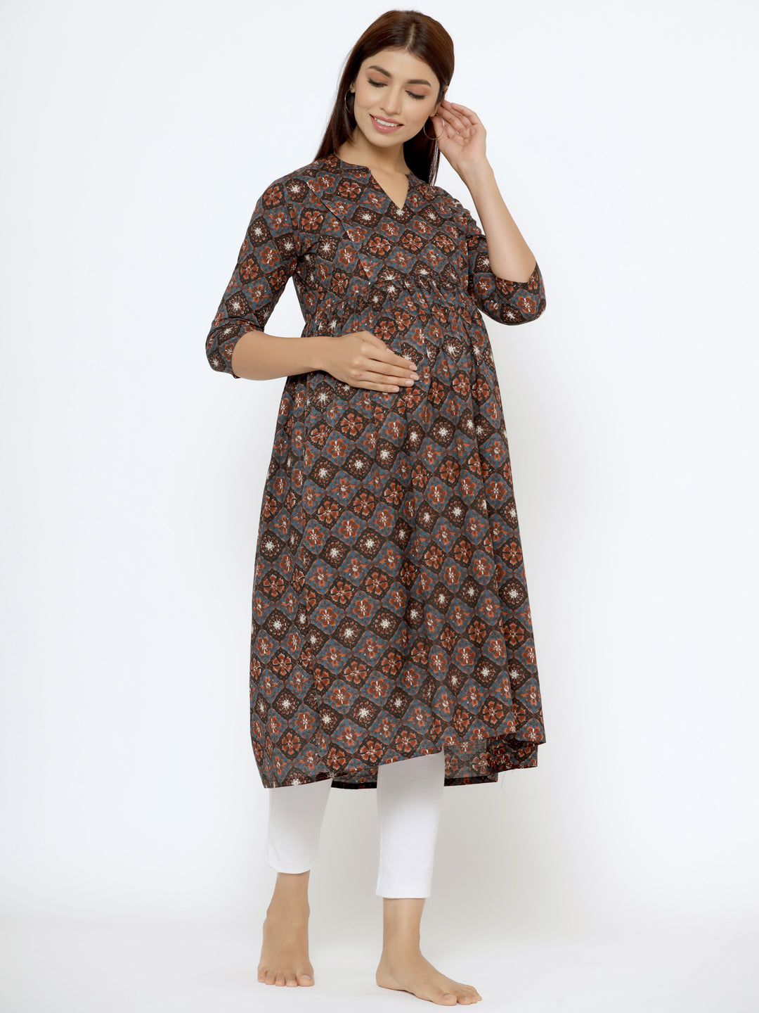Midnight Grey Ajrakh Cotton Maternity - Nursing Kurta