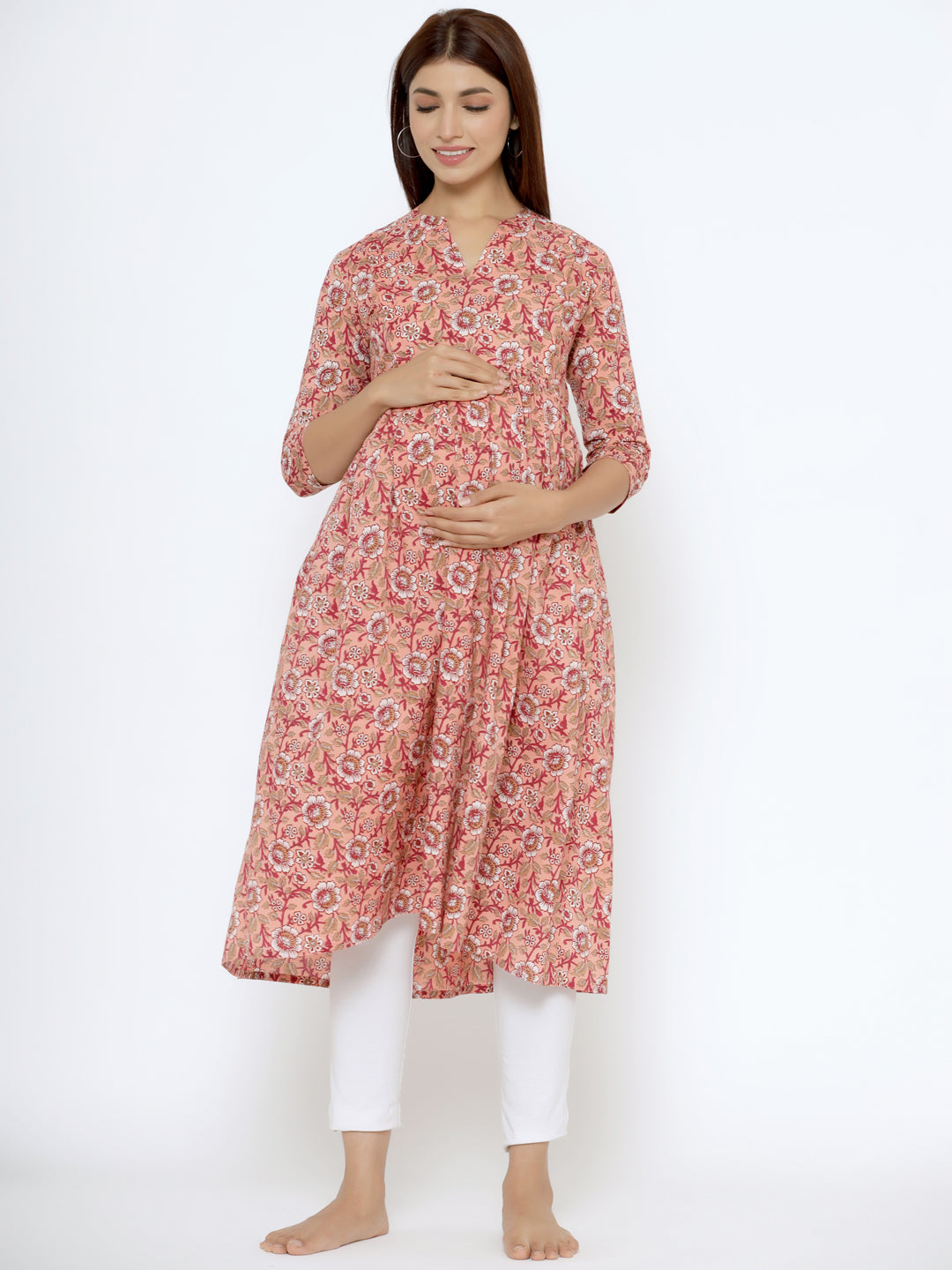 Light Salmon Cotton Maternity - Nursing Kurta