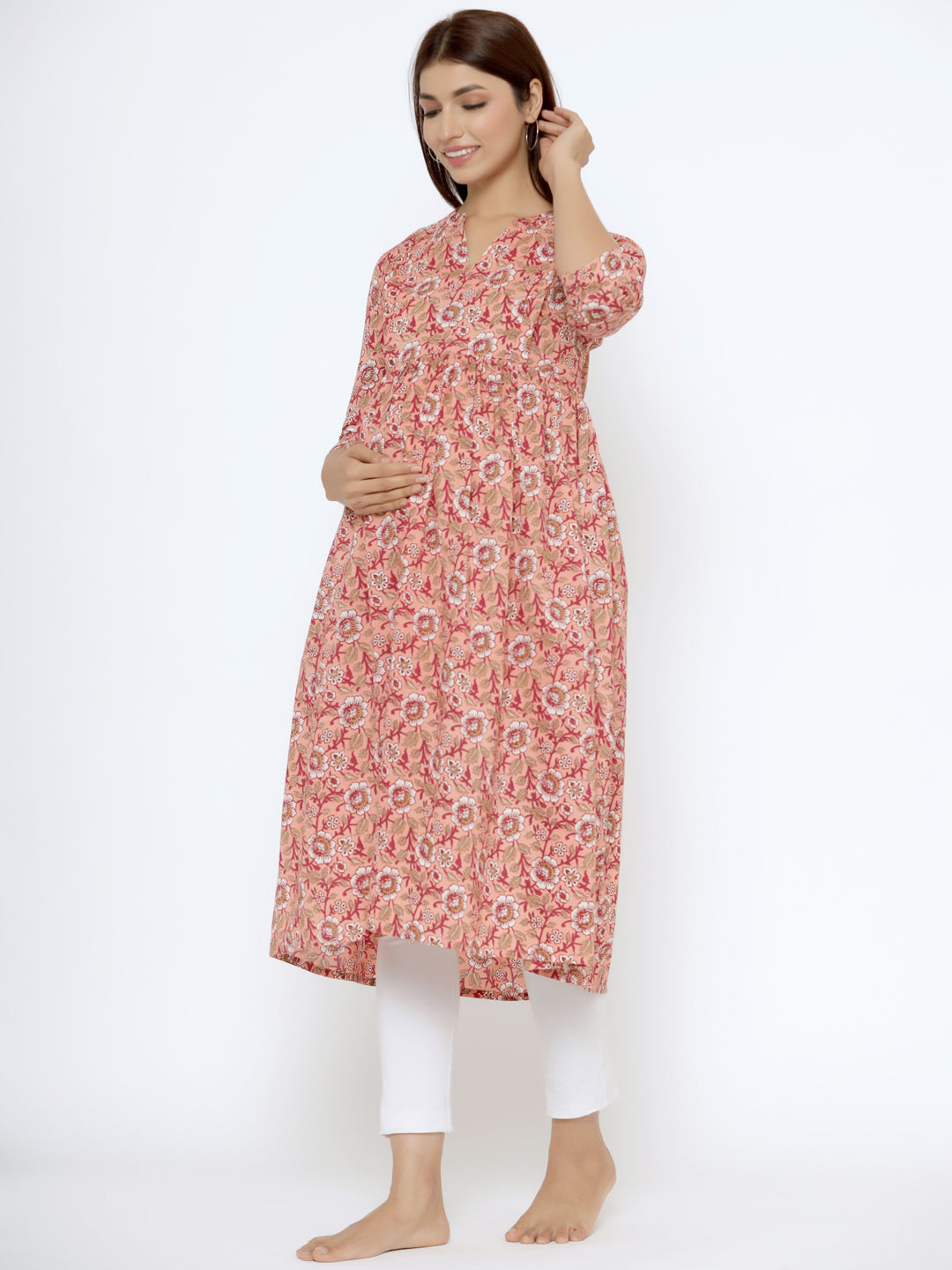 Light Salmon Cotton Maternity - Nursing Kurta