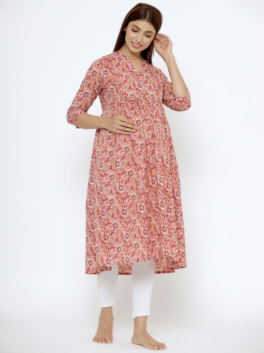 Light Salmon Cotton Maternity - Nursing Kurta