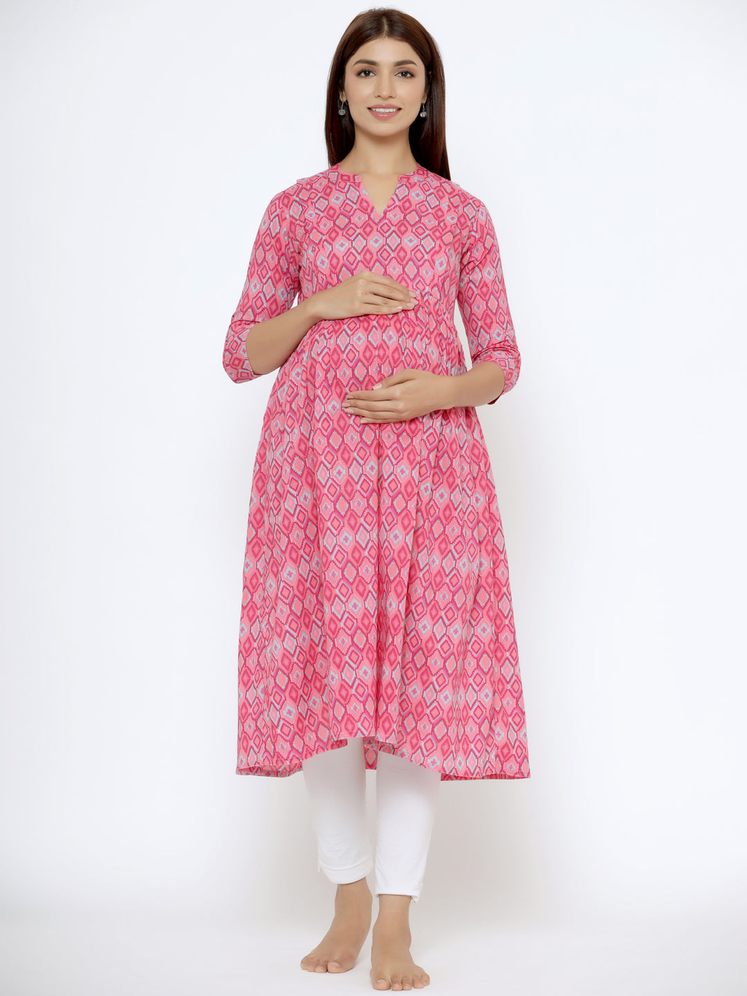 Flamingo Pink Ikkat Cotton Maternity - Nursing Kurta