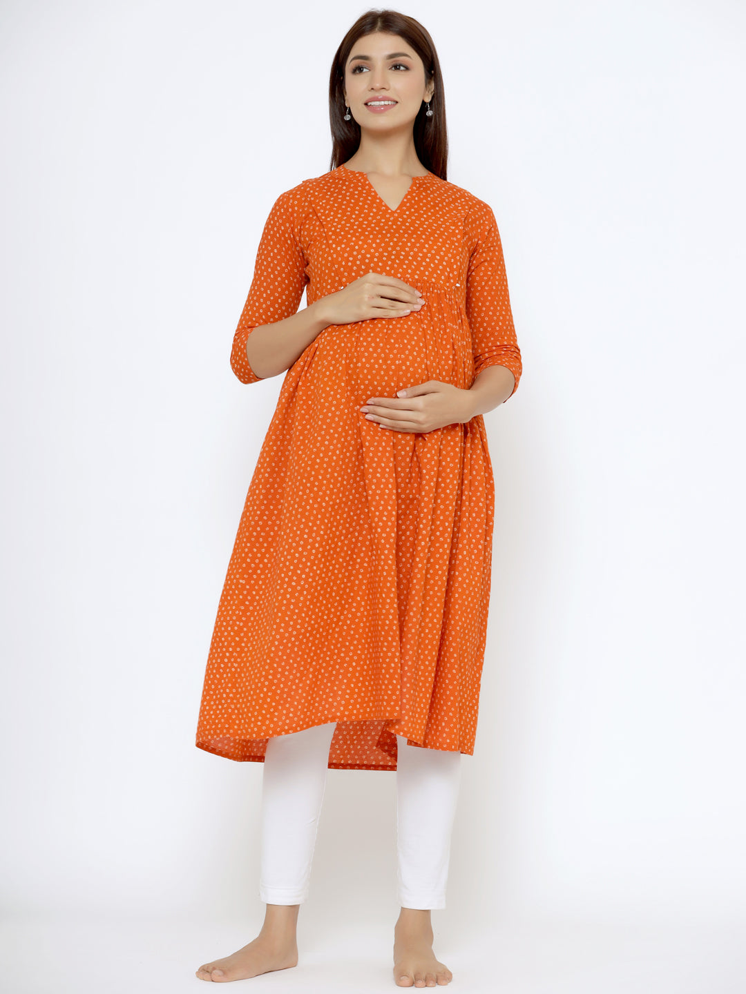 Bright Tangerine Bandhani Cotton Maternity - Nursing Kurta