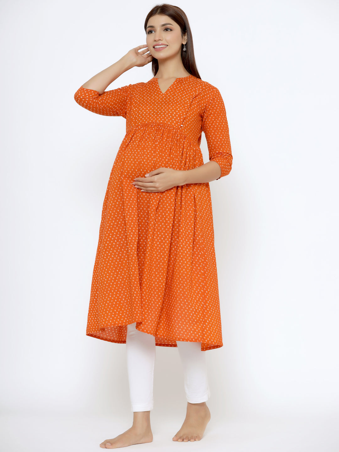 Bright Tangerine Bandhani Cotton Maternity - Nursing Kurta