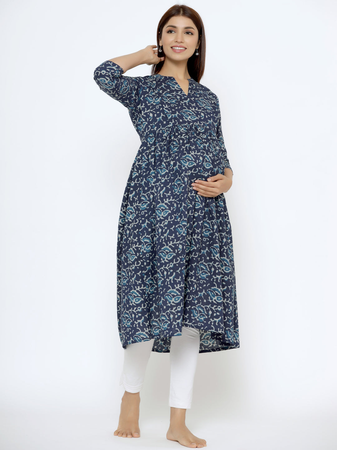 Deep Indigo Cotton Maternity - Nursing Kurta
