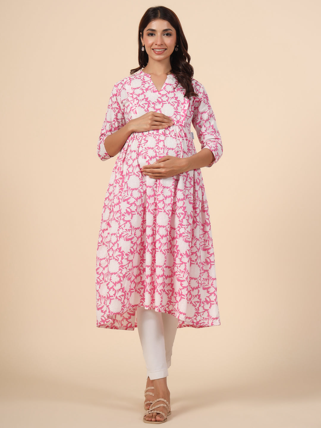 Delicate Rose Floral Cotton Maternity - Nursing Kurta