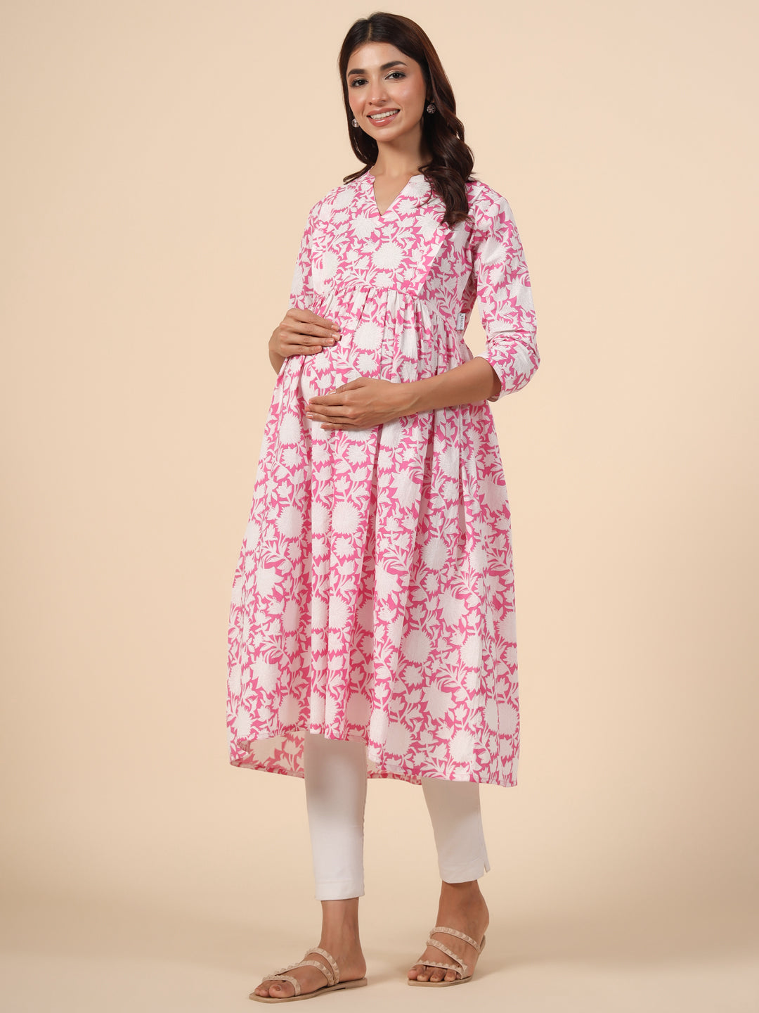 Delicate Rose Floral Cotton Maternity - Nursing Kurta