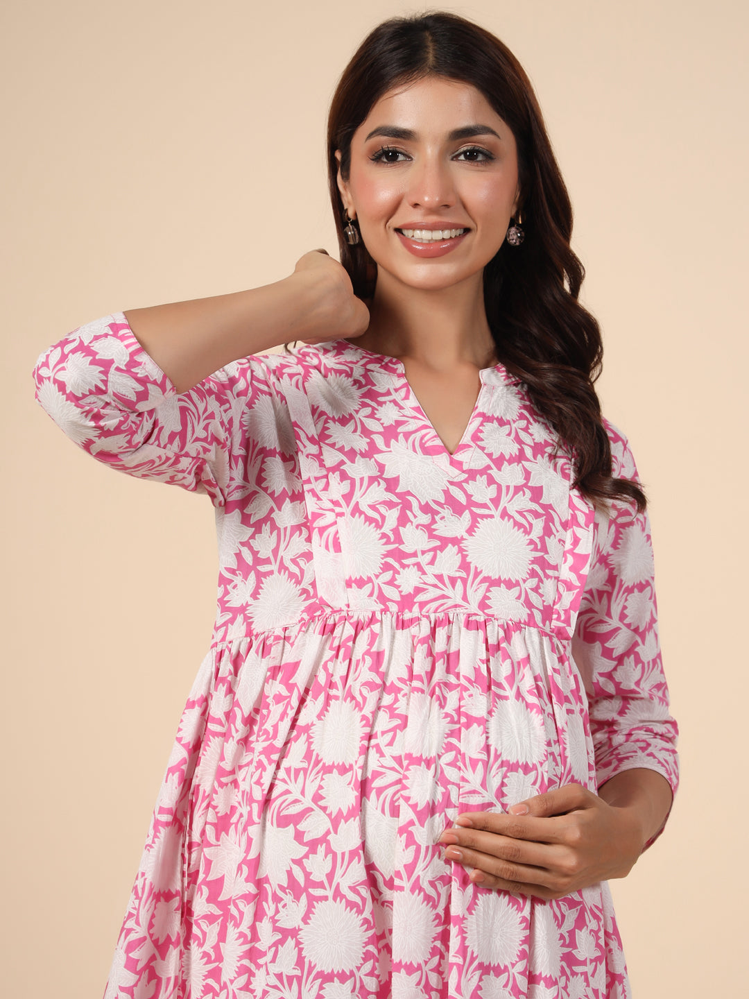 Delicate Rose Floral Cotton Maternity - Nursing Kurta