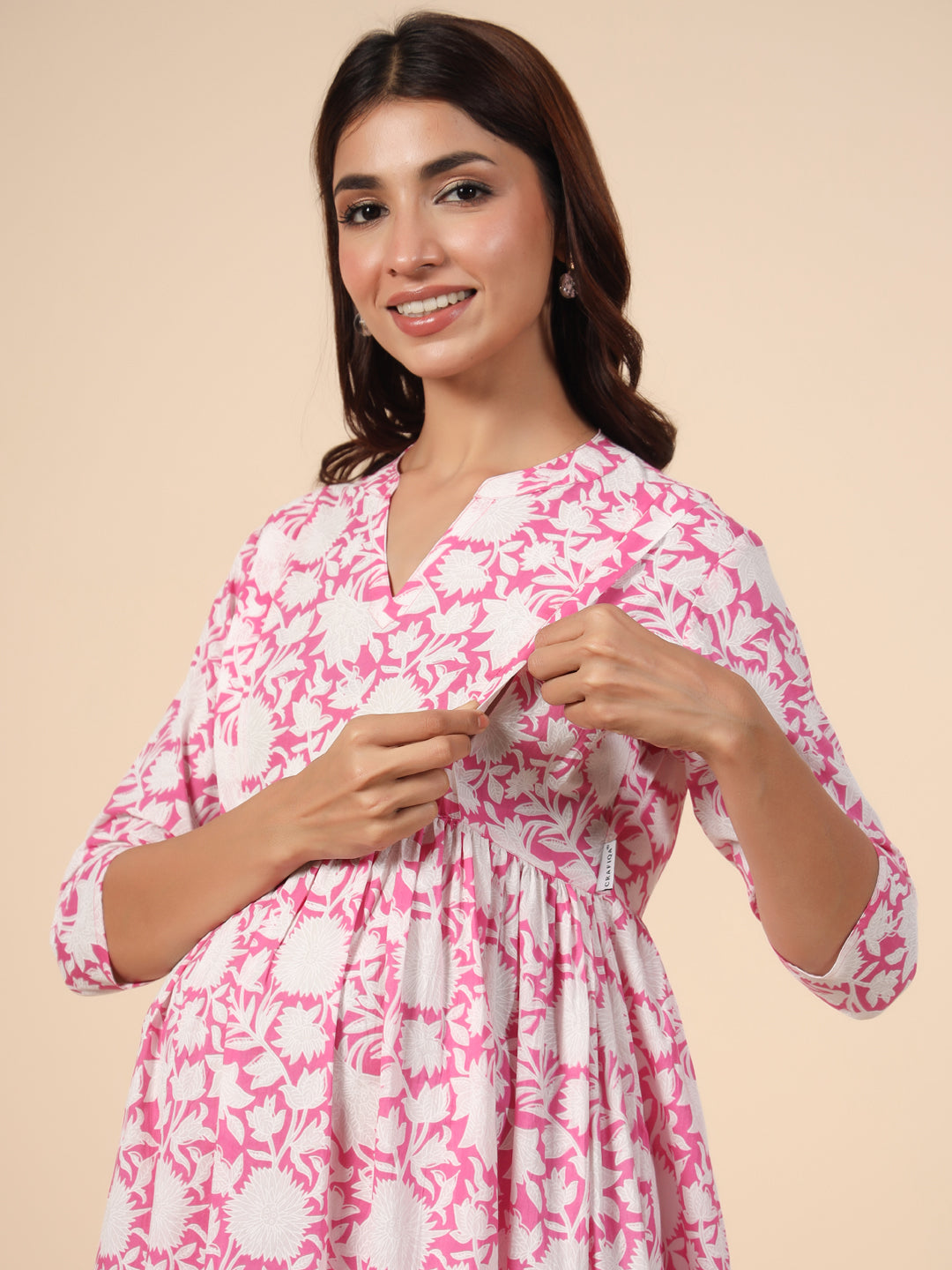 Delicate Rose Floral Cotton Maternity - Nursing Kurta