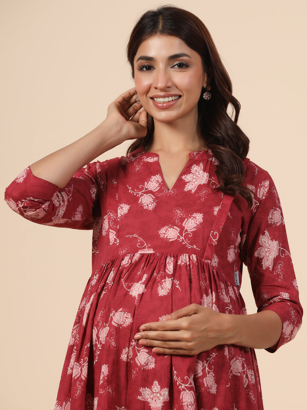 Antique Ruby Floral Cotton Maternity - Nursing Kurta