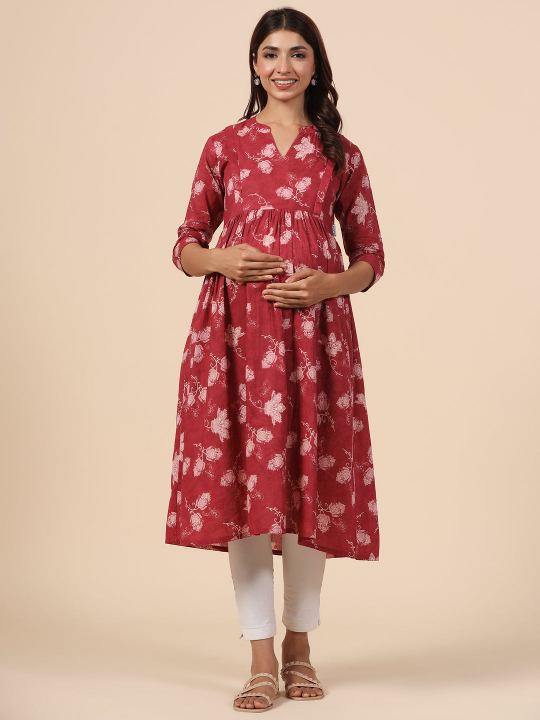 Antique Ruby Floral Cotton Maternity - Nursing Kurta