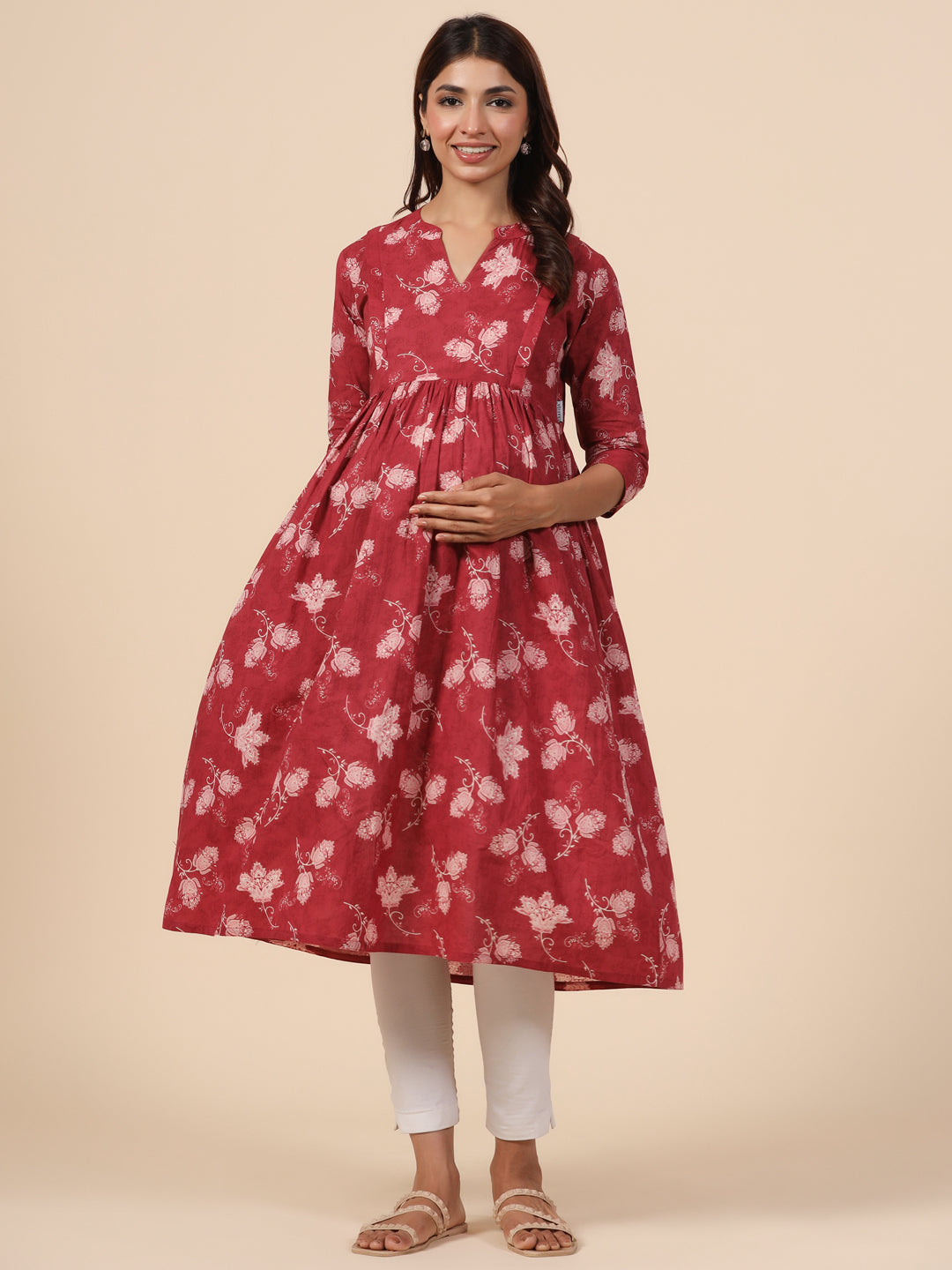 Antique Ruby Floral Cotton Maternity - Nursing Kurta