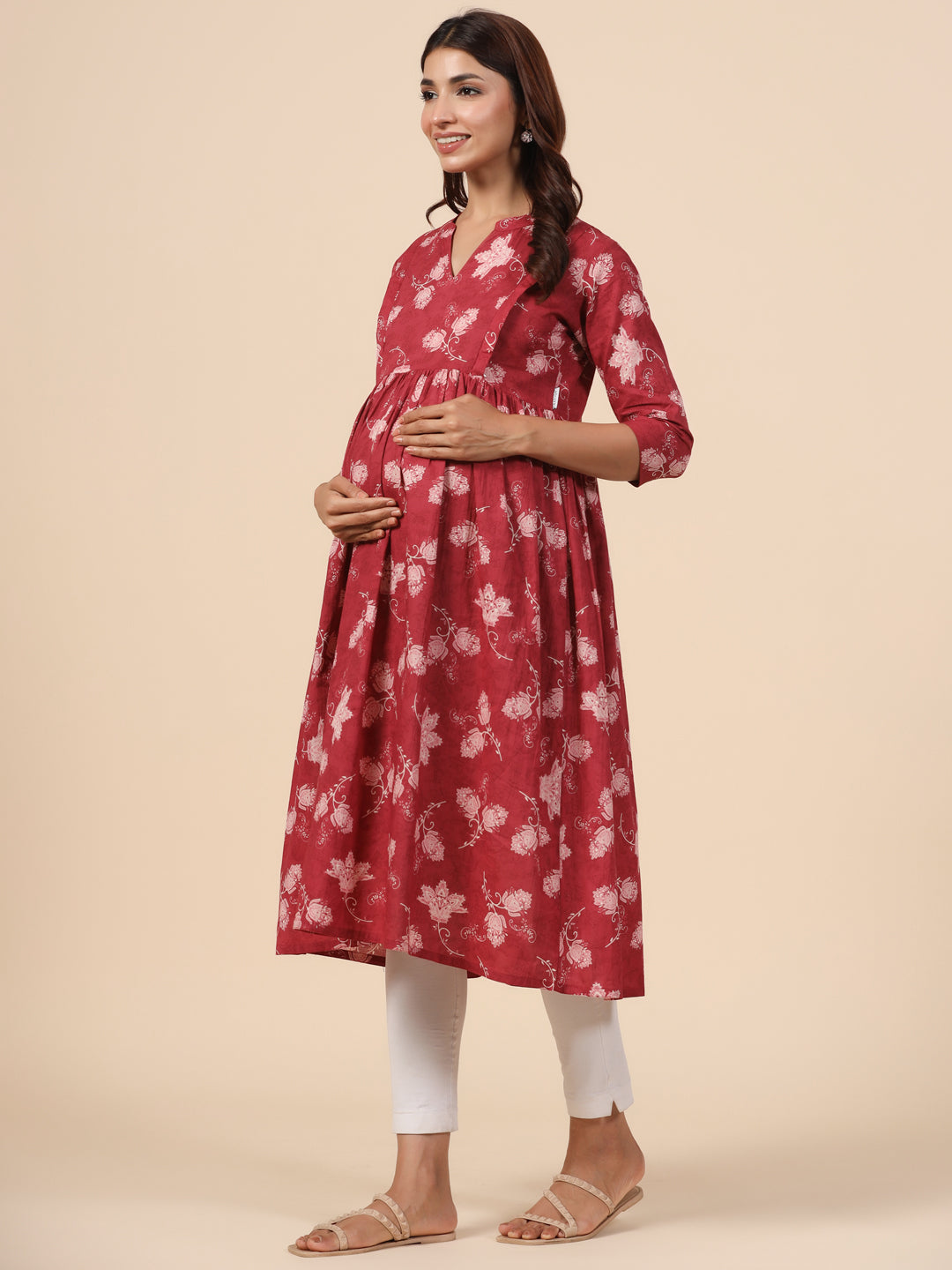 Antique Ruby Floral Cotton Maternity - Nursing Kurta