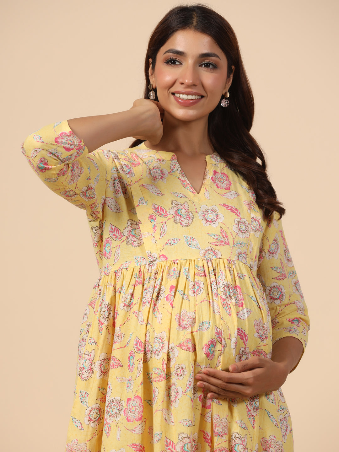 Yellow Florocent Cotton Maternity - Nursing Kurta