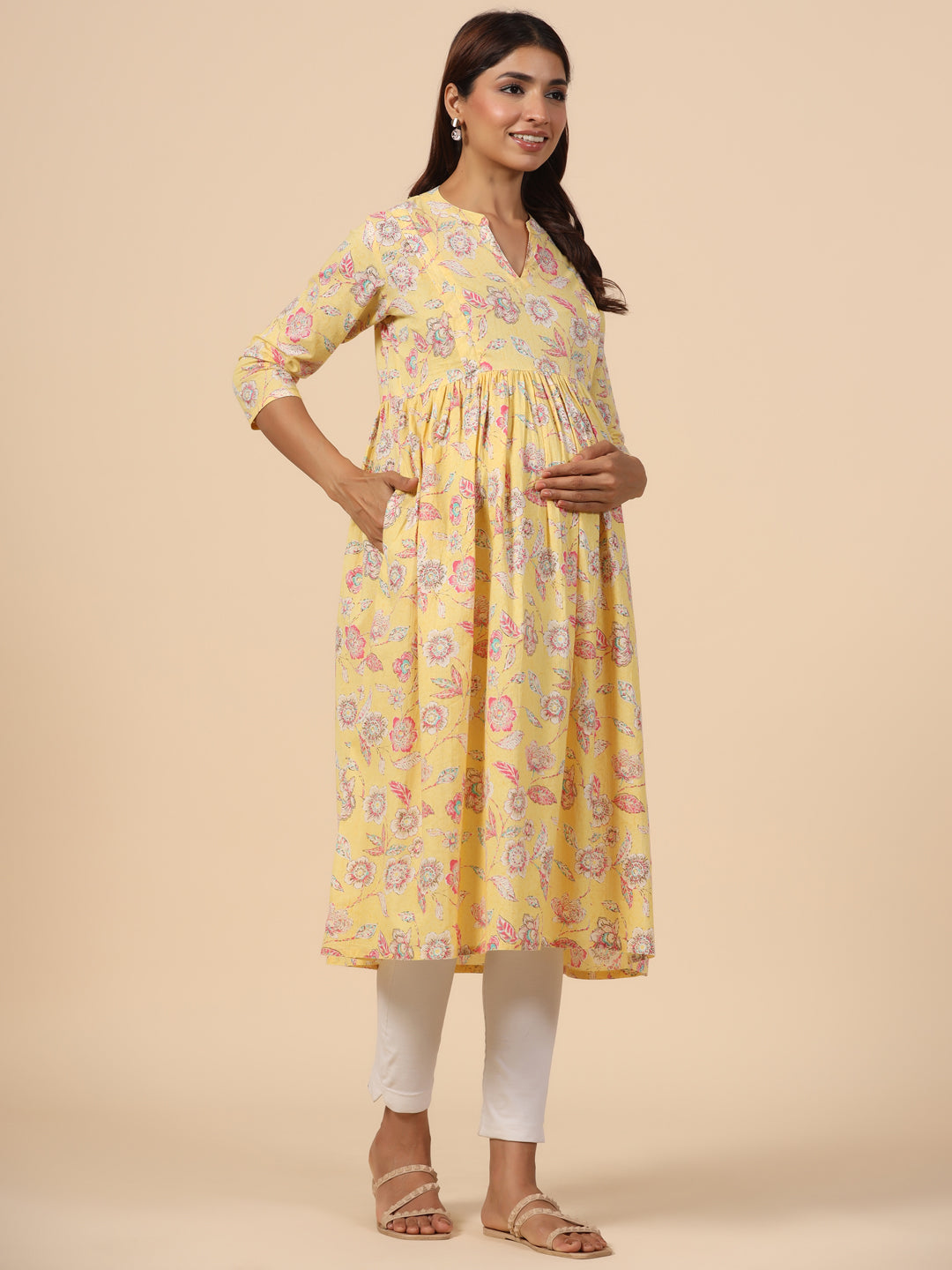 Yellow Florocent Cotton Maternity - Nursing Kurta