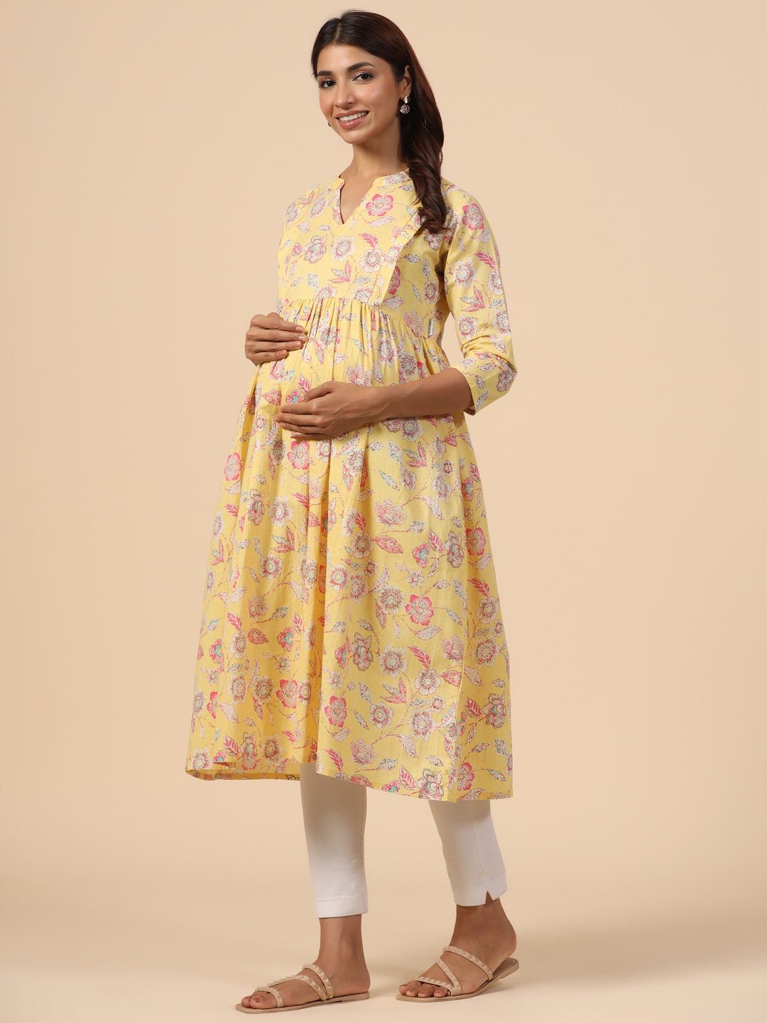 Yellow Florocent Cotton Maternity - Nursing Kurta