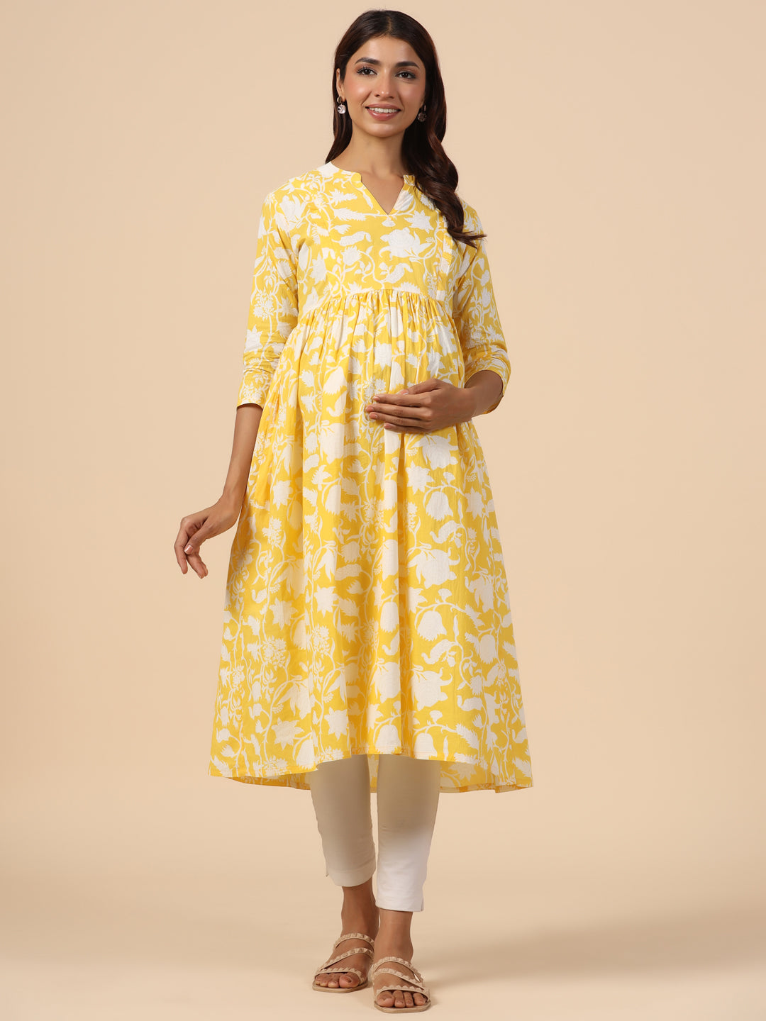 Sunkissed Yellow Floral Cotton Maternity - Nursing Kurta