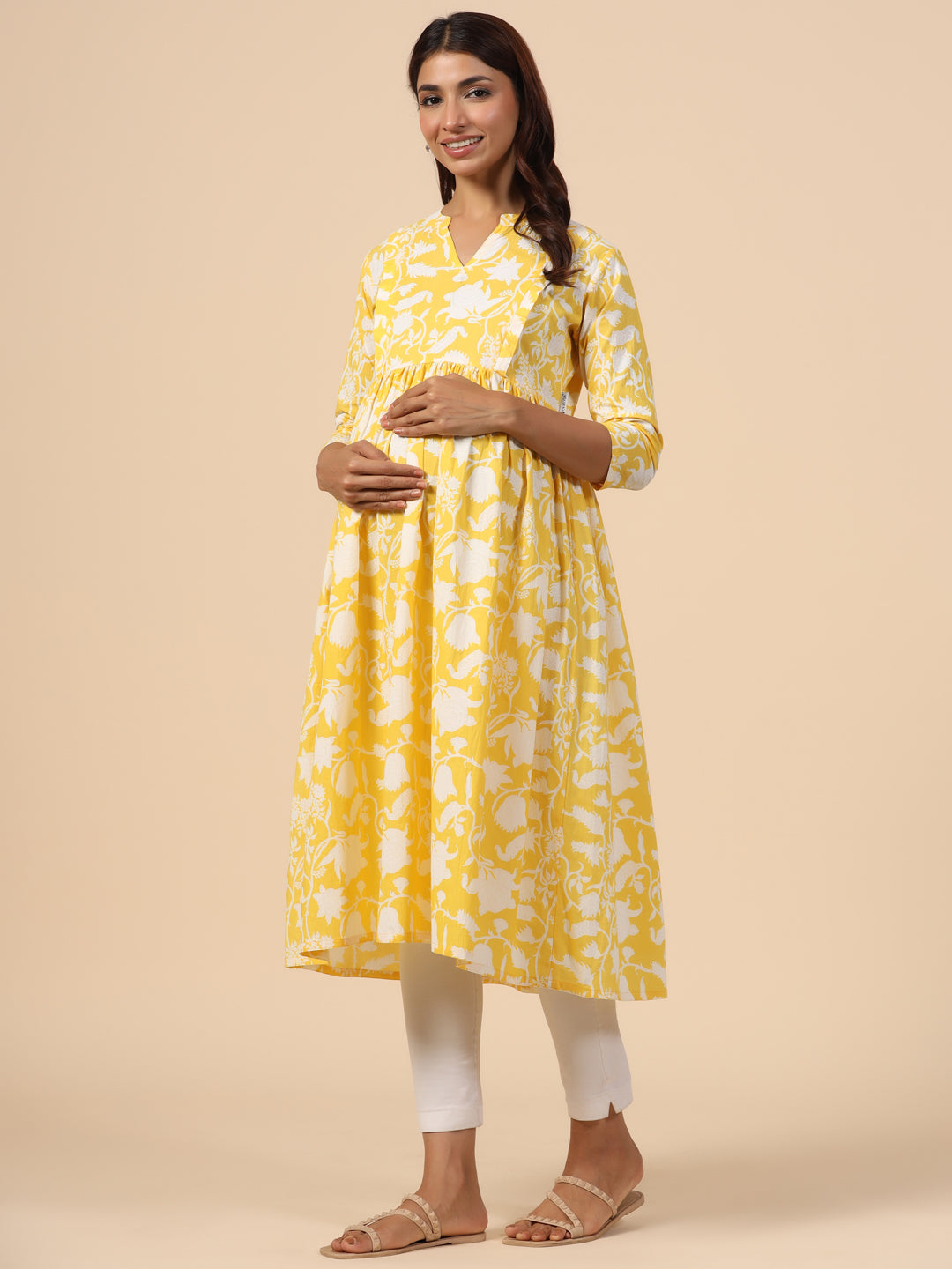 Sunkissed Yellow Floral Cotton Maternity - Nursing Kurta
