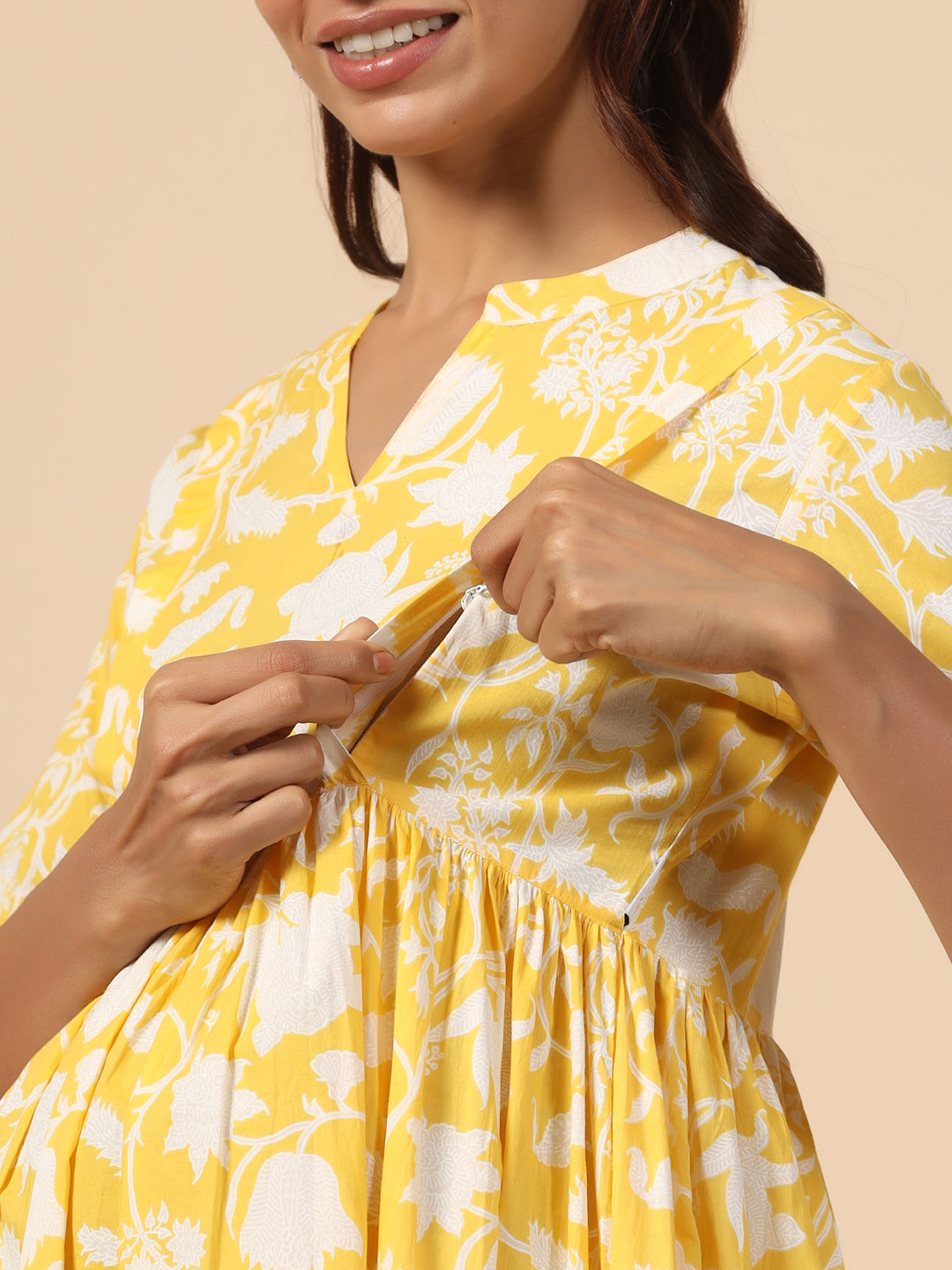 Sunkissed Yellow Floral Cotton Maternity - Nursing Kurta