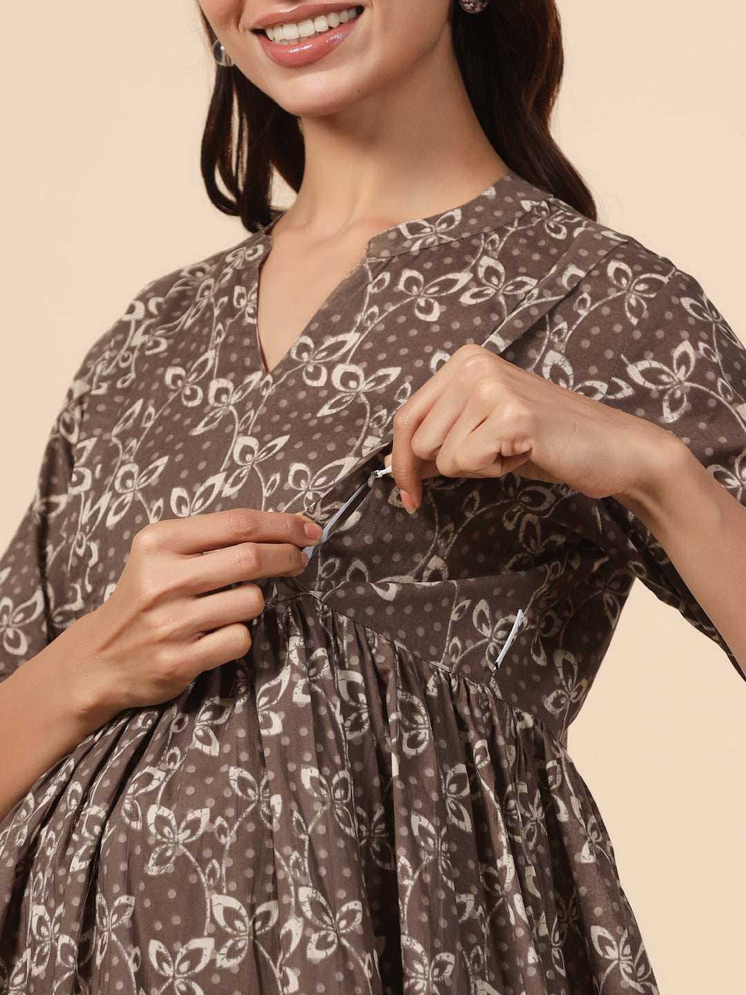 Fossil Grey Leaf Cotton Maternity - Nursing Kurta