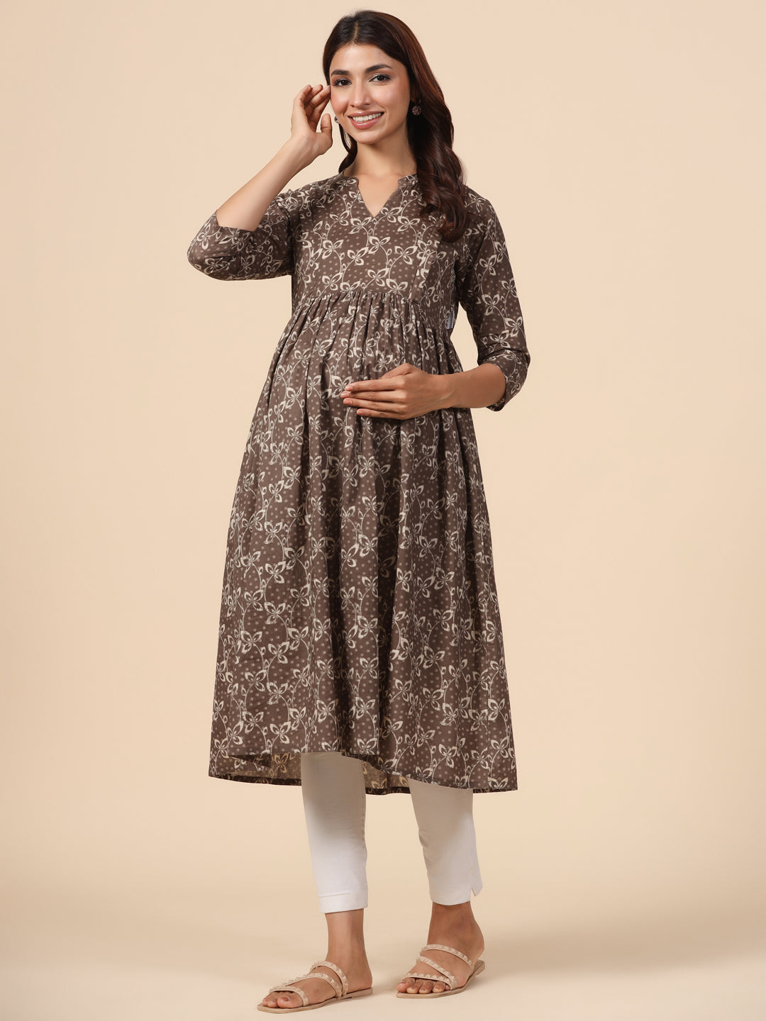 Fossil Grey Leaf Cotton Maternity - Nursing Kurta