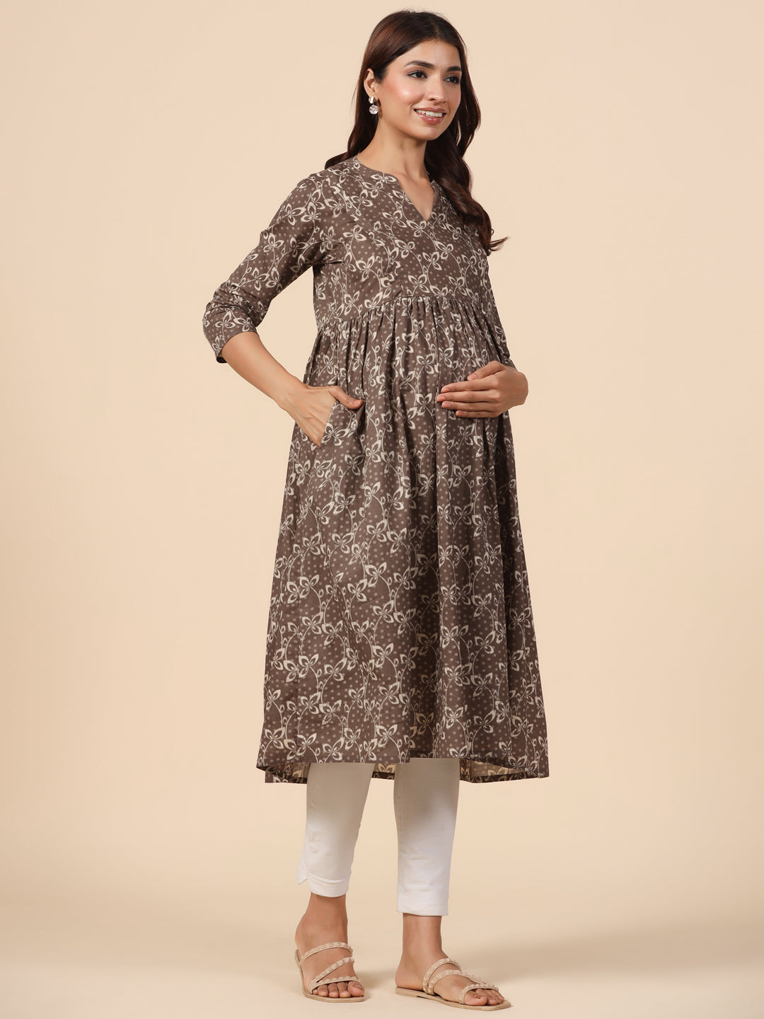 Fossil Grey Leaf Cotton Maternity - Nursing Kurta
