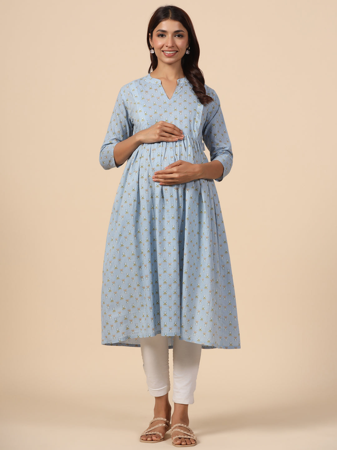 Candy Blue Cotton Maternity - Nursing Kurta