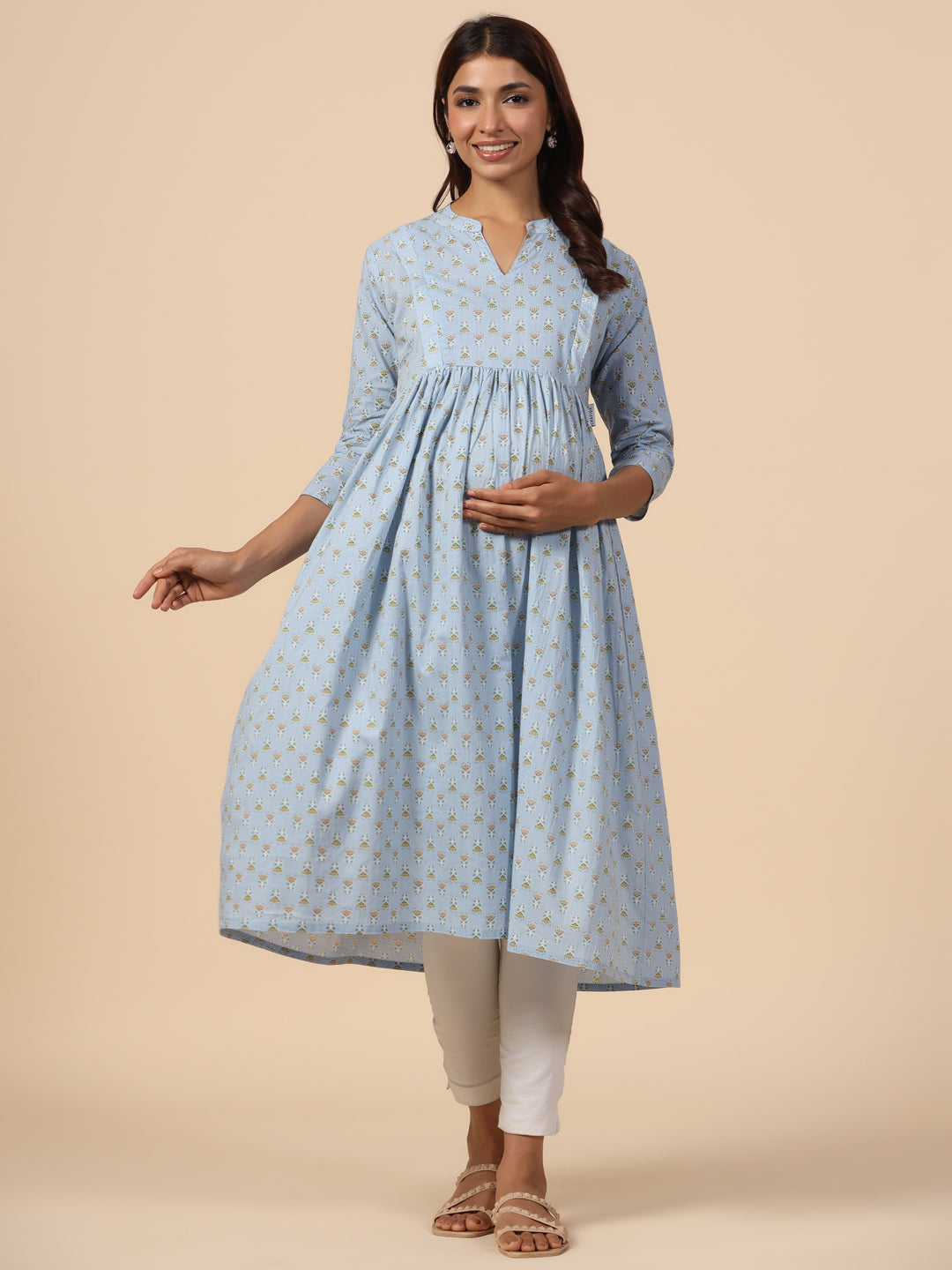 Candy Blue Cotton Maternity - Nursing Kurta