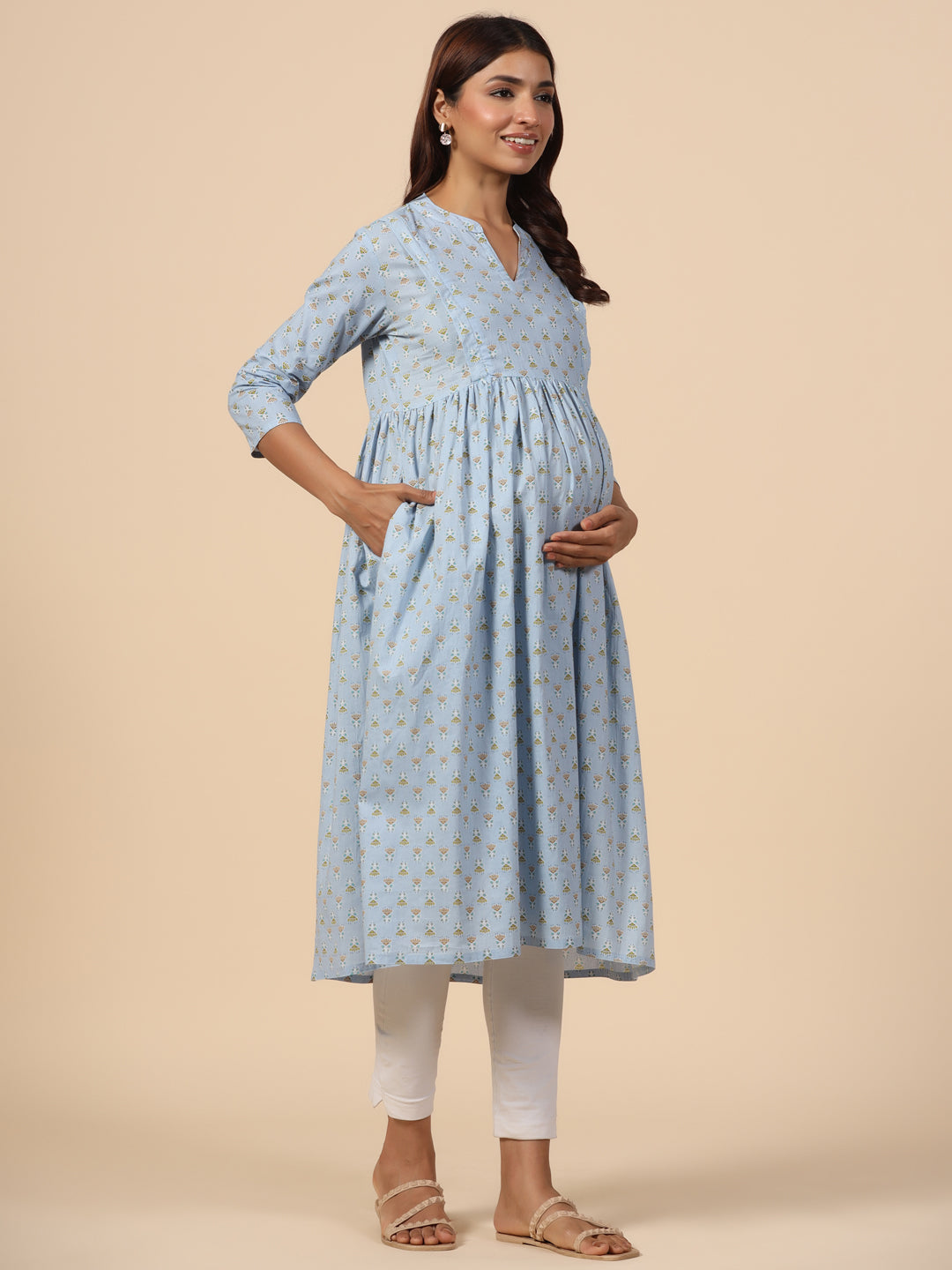 Candy Blue Cotton Maternity - Nursing Kurta