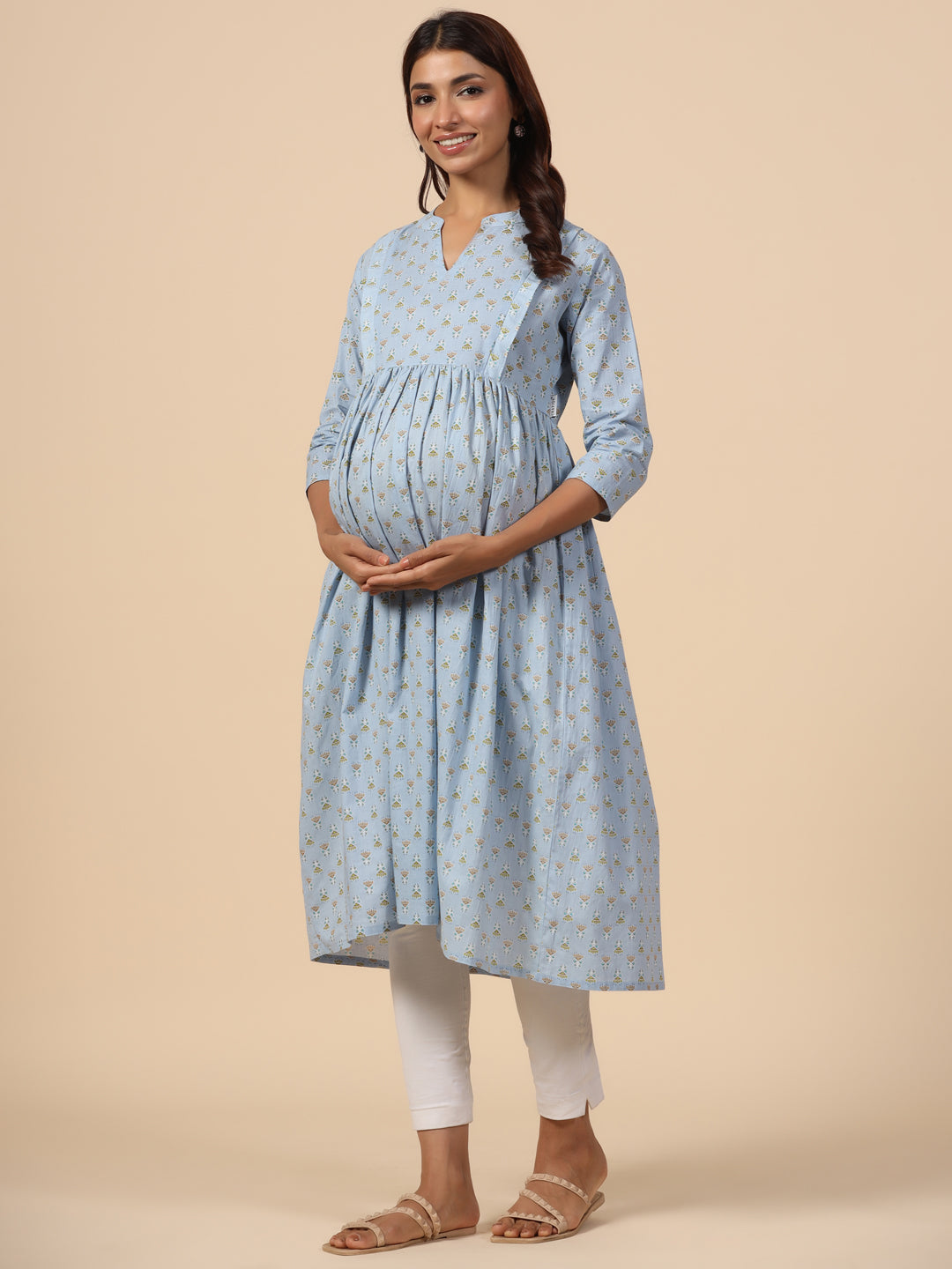 Candy Blue Cotton Maternity - Nursing Kurta