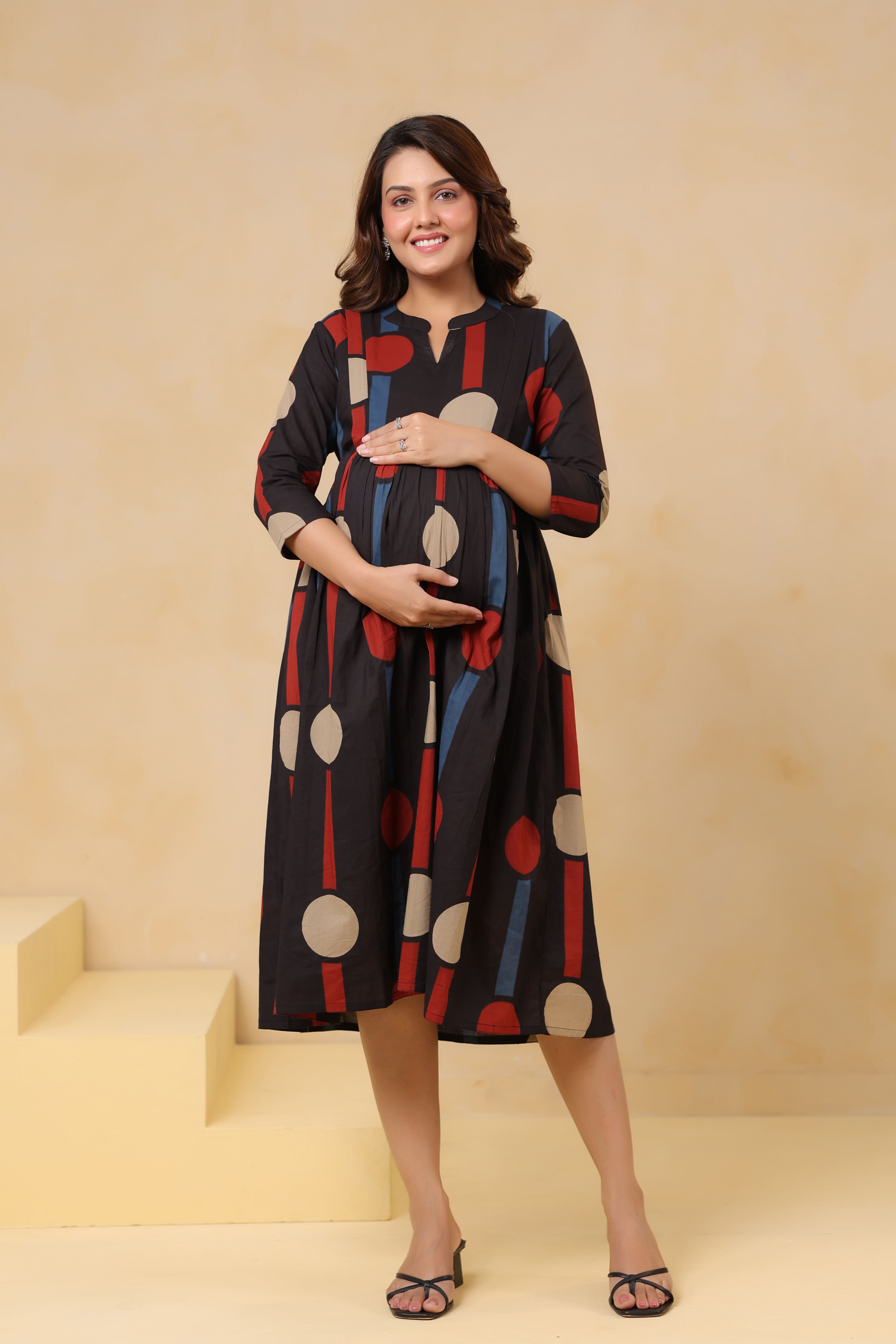 Black Geometric Ajrakh Cotton Maternity - Nursing Dress