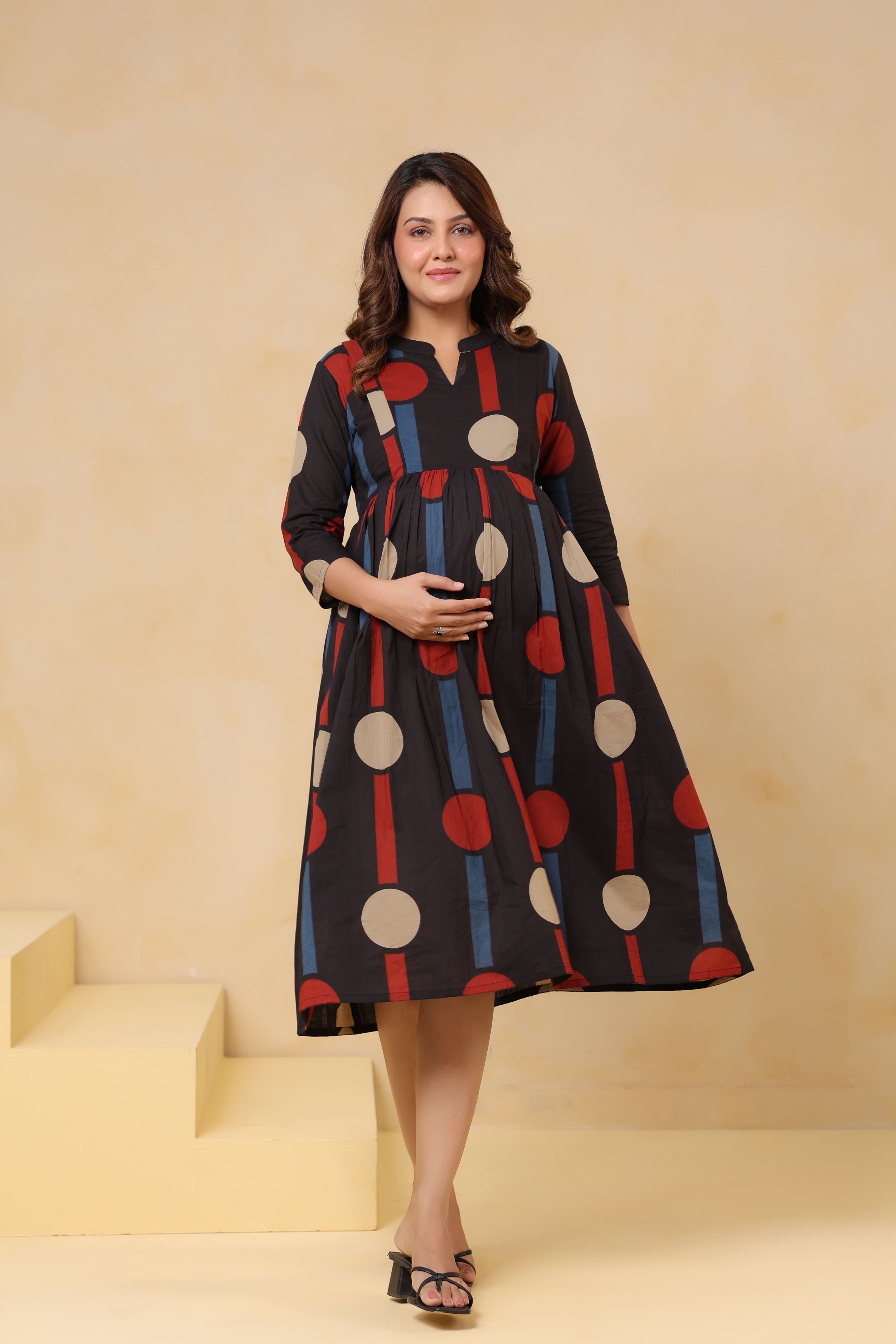 Black Geometric Ajrakh Cotton Maternity - Nursing Dress