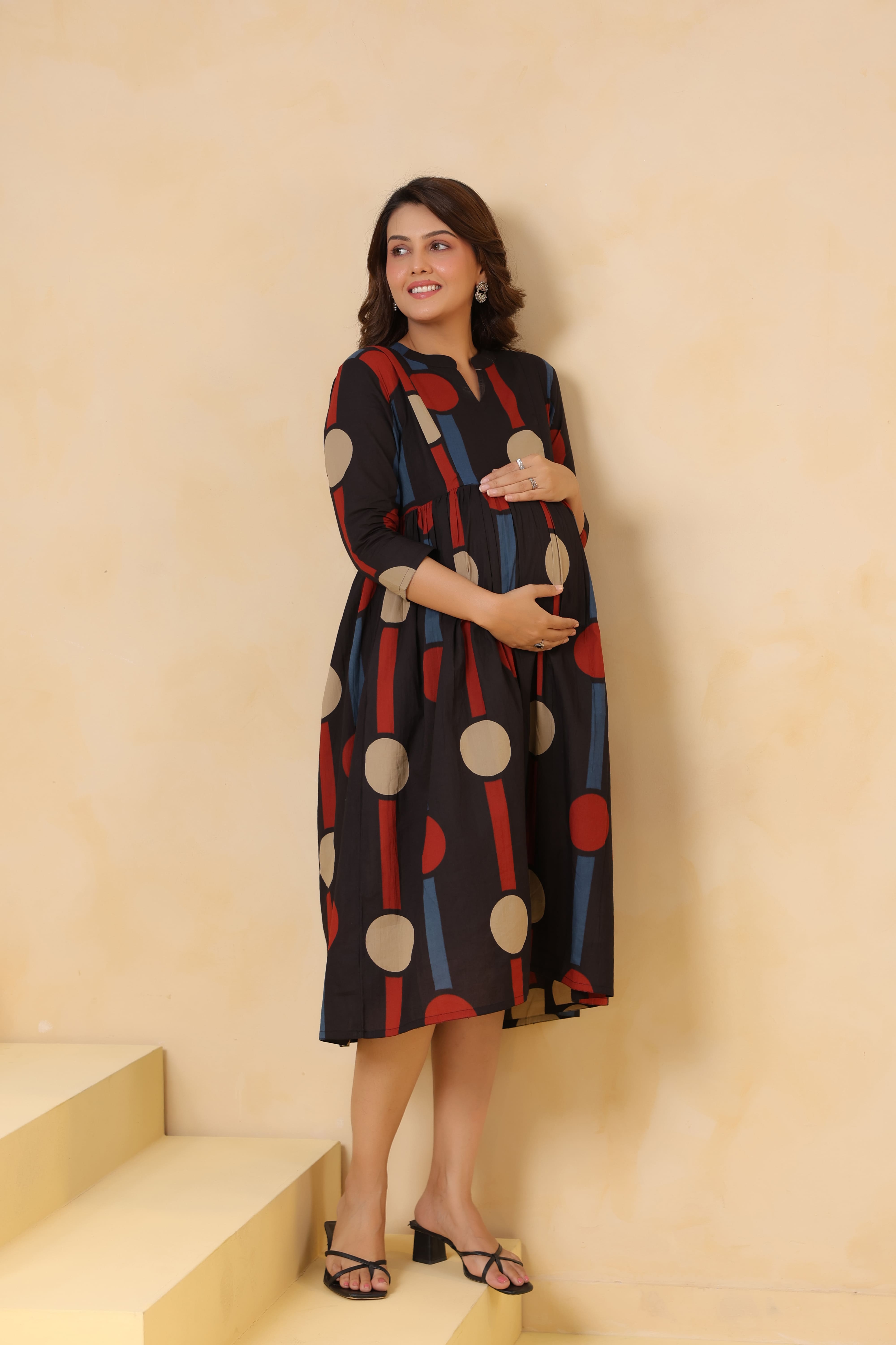 Black Geometric Ajrakh Cotton Maternity - Nursing Dress
