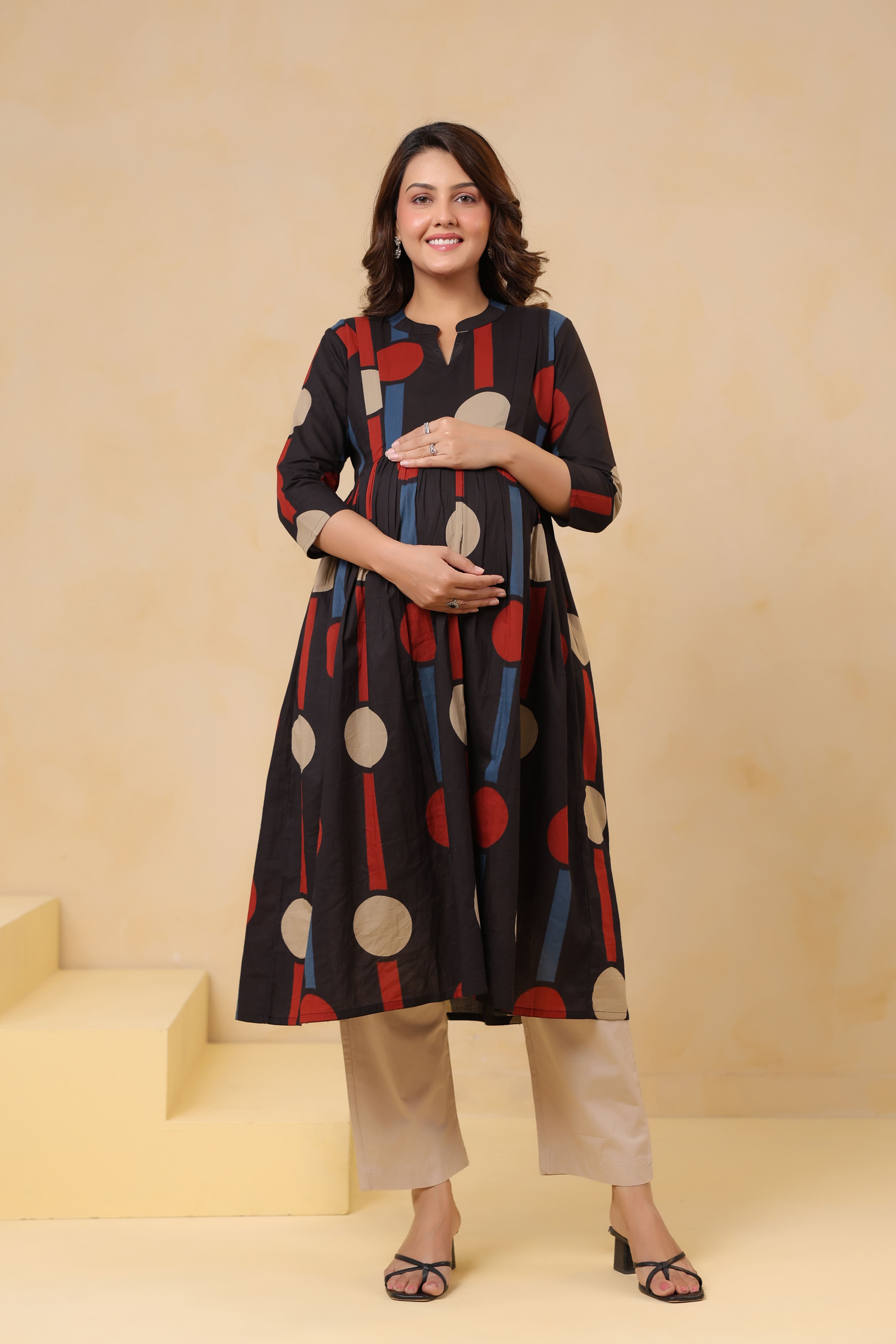 Black Geometric Ajrakh Cotton Maternity - Nursing Kurta