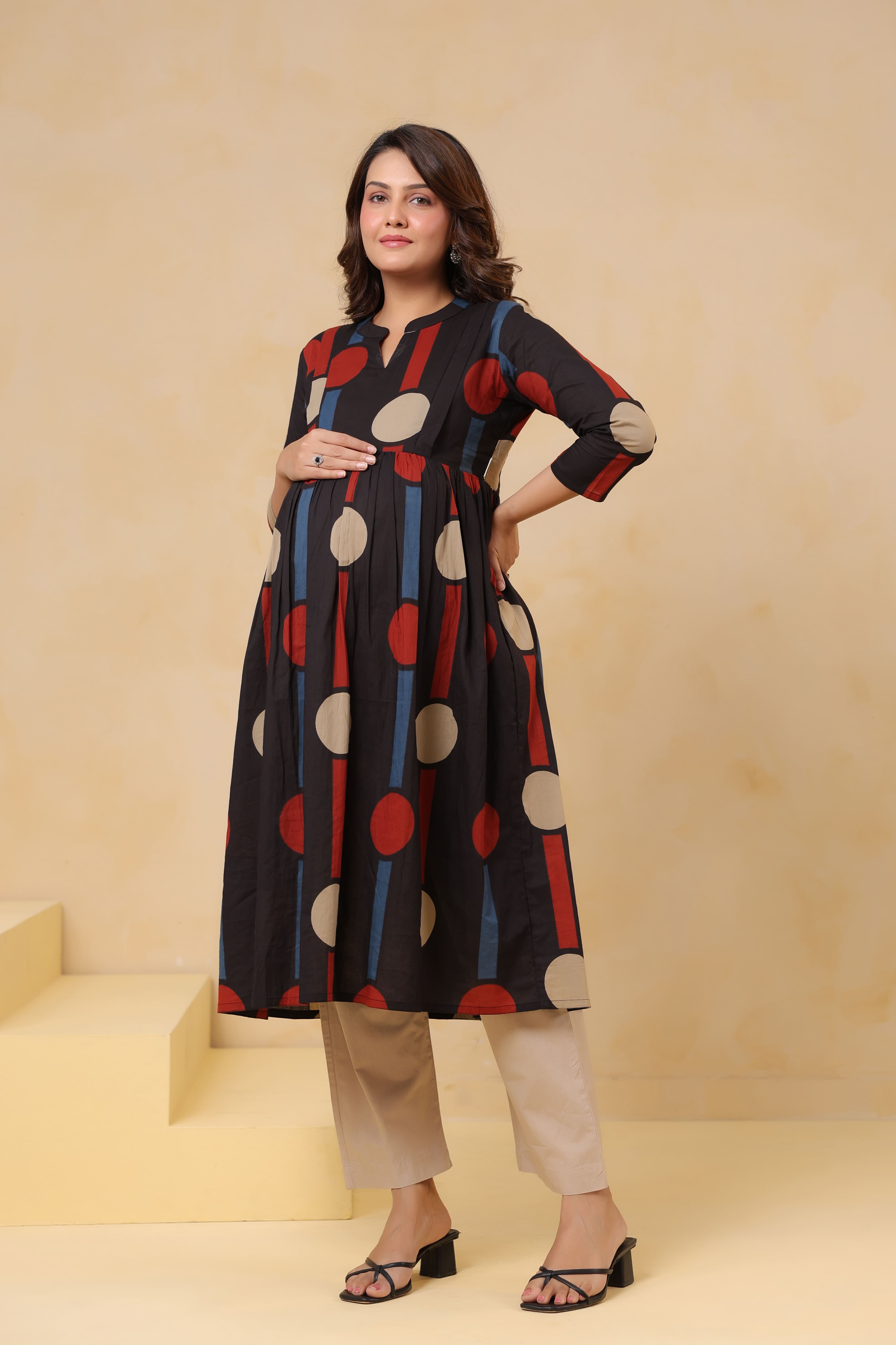 Black Geometric Ajrakh Cotton Maternity - Nursing Kurta