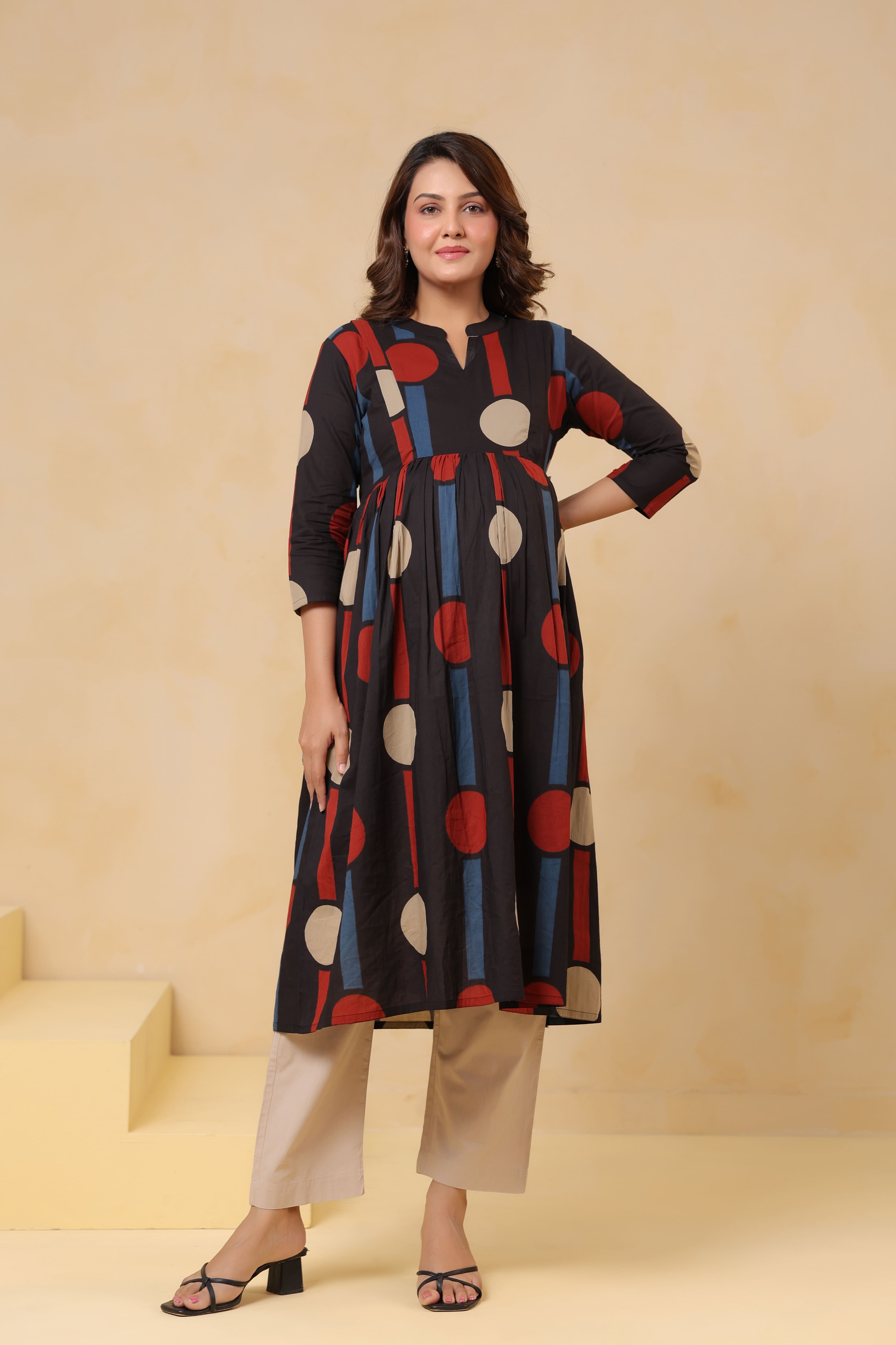 Black Geometric Ajrakh Cotton Maternity - Nursing Kurta