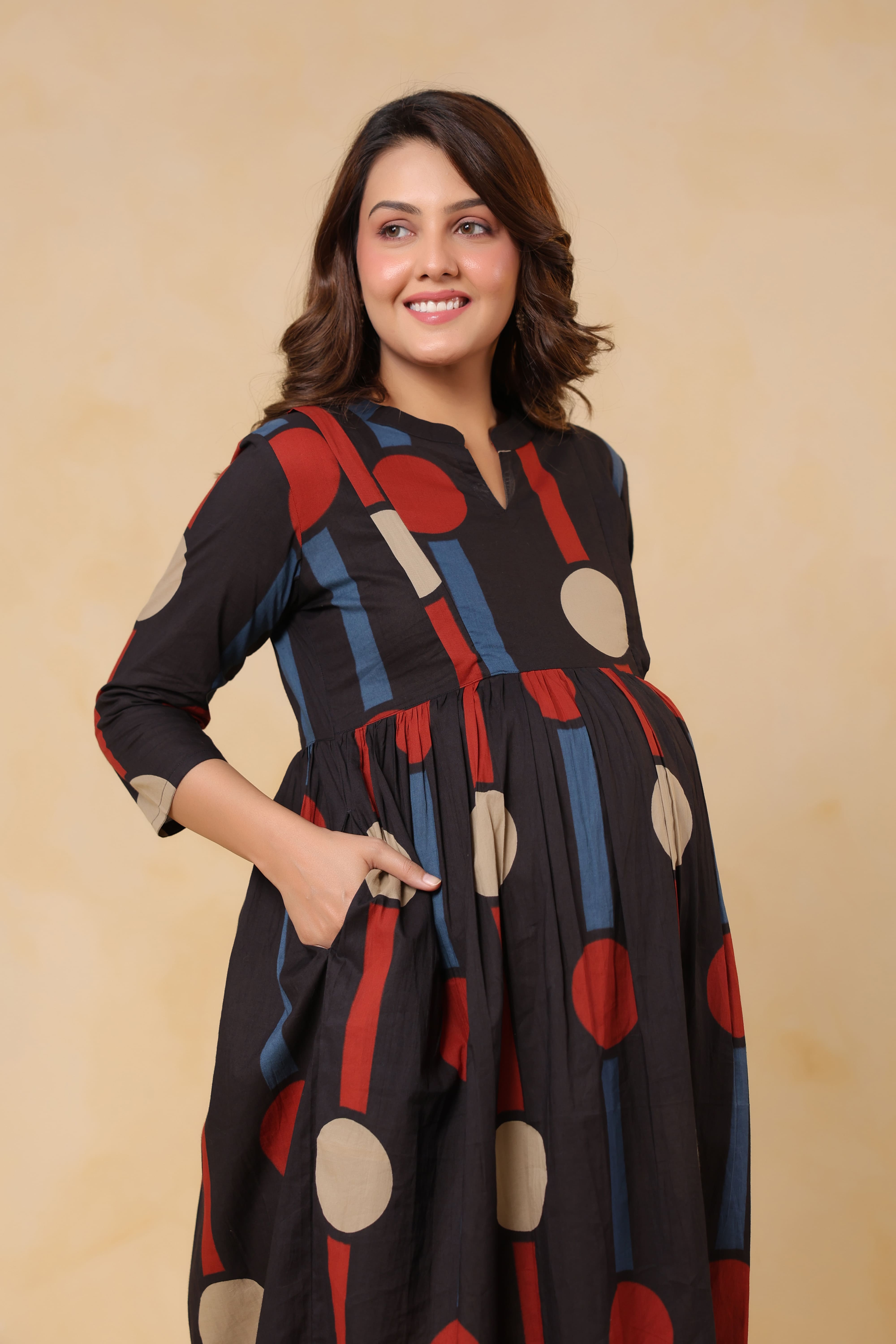 Black Geometric Ajrakh Cotton Maternity - Nursing Dress
