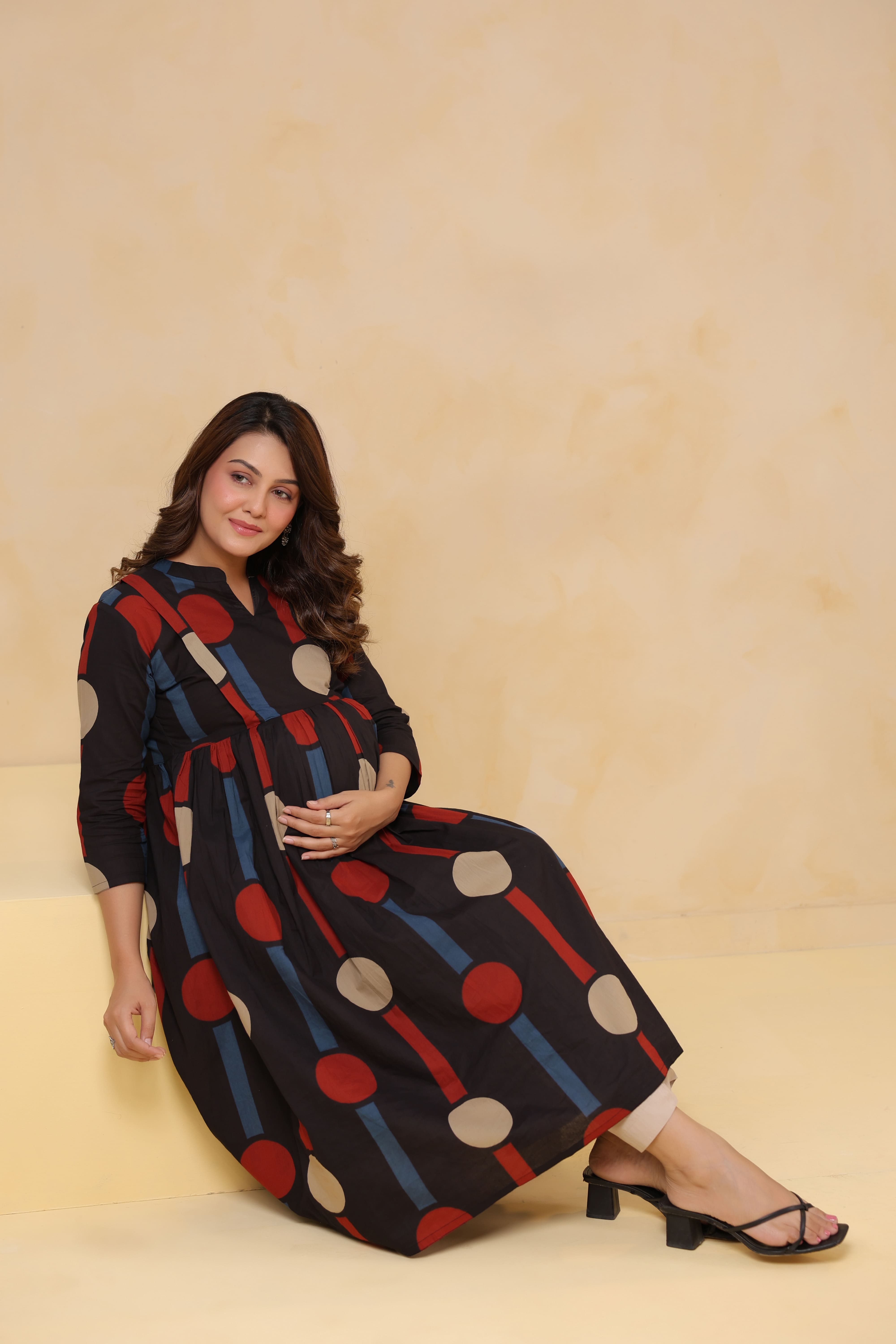 Black Geometric Ajrakh Cotton Maternity - Nursing Kurta
