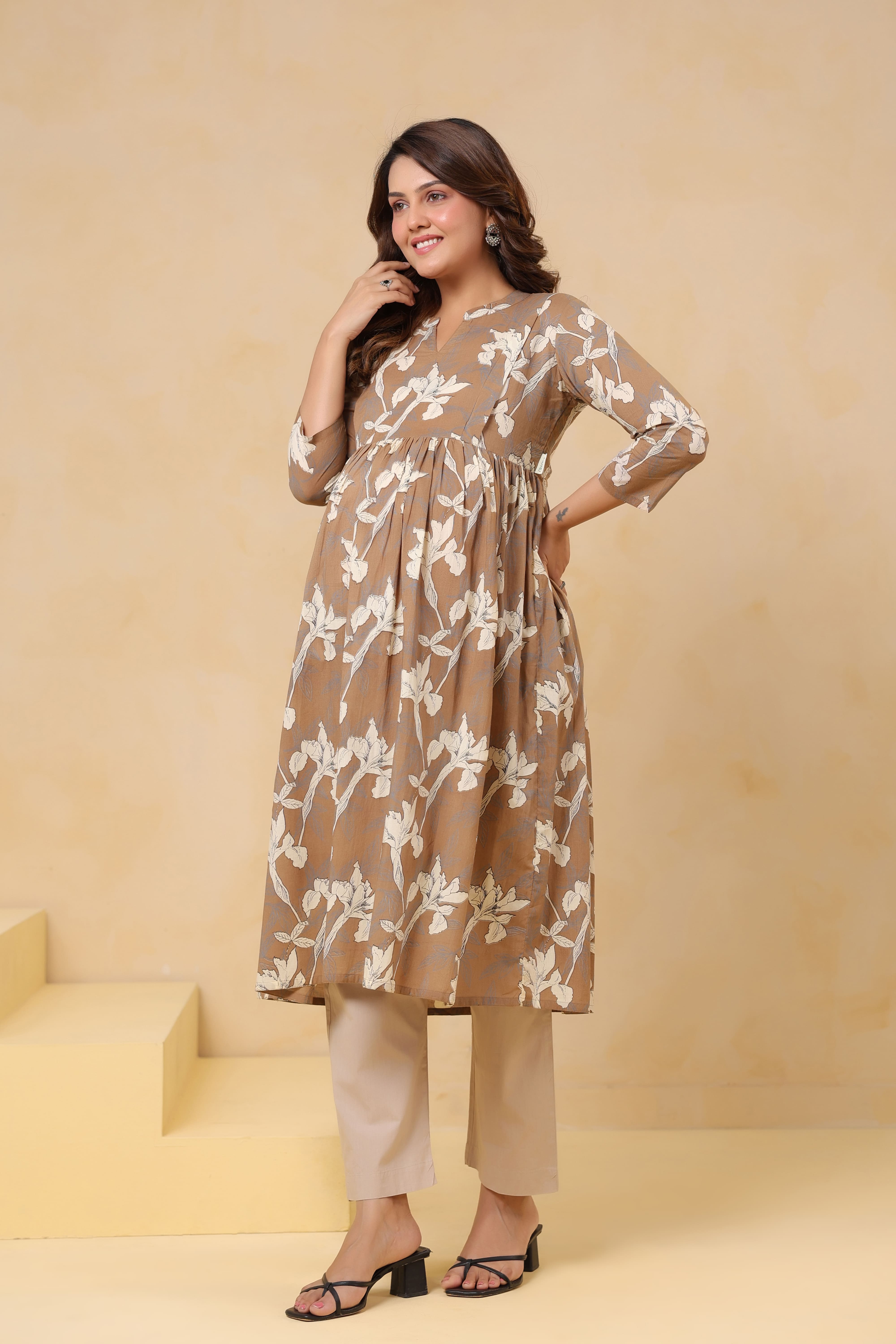 Latte Leaf Cotton Maternity - Nursing Kurta