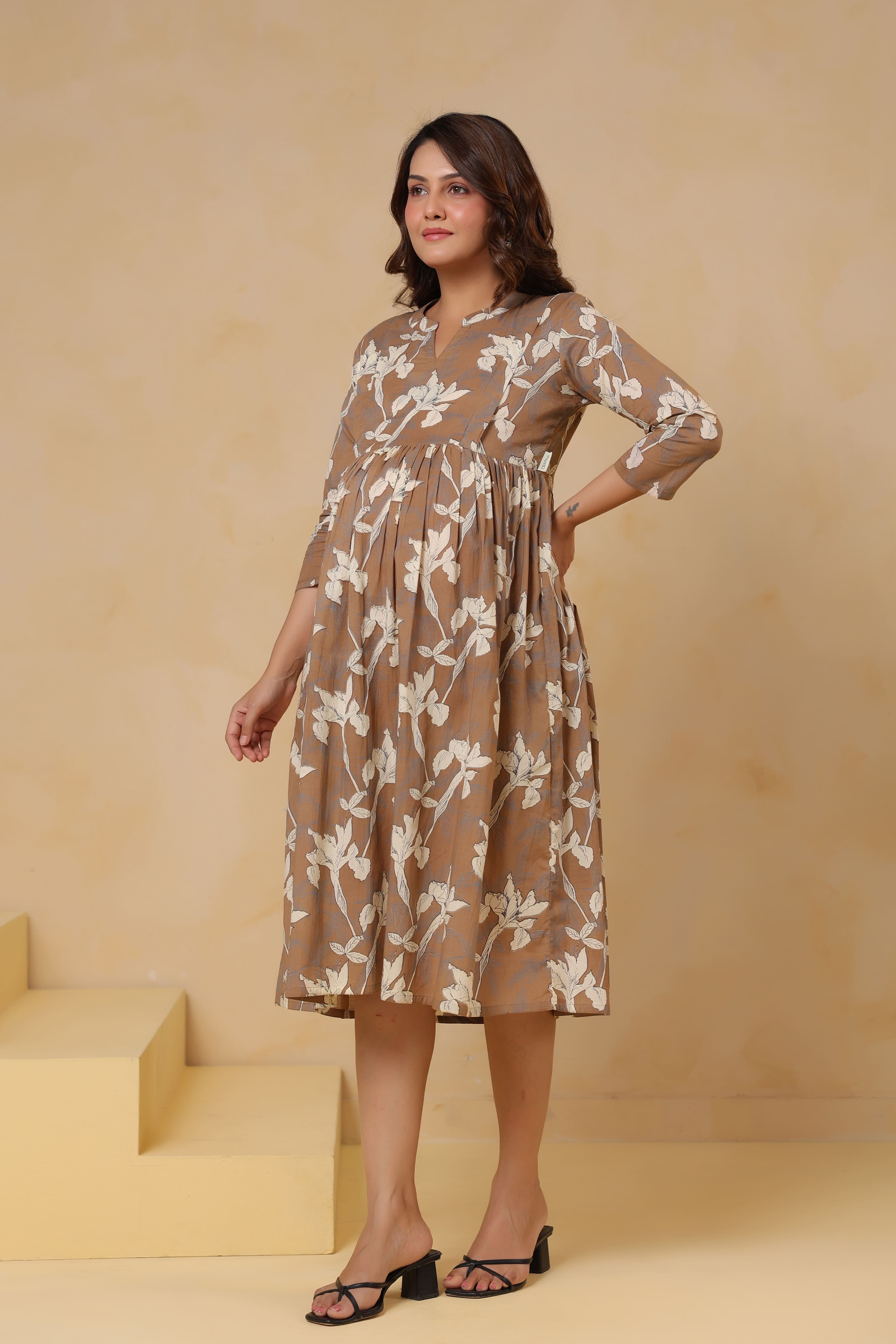 Latte Leaf Cotton Maternity - Nursing Dress